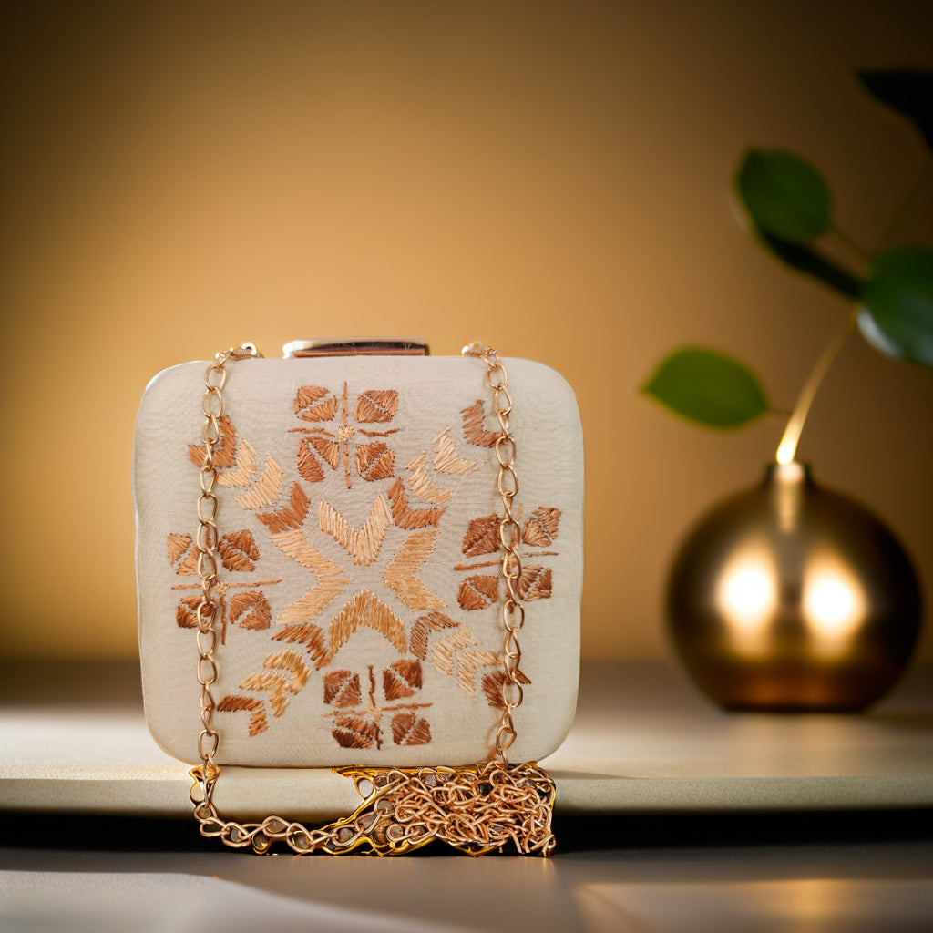 Hand Work Phulkari Clutch - Beige Golden - Square