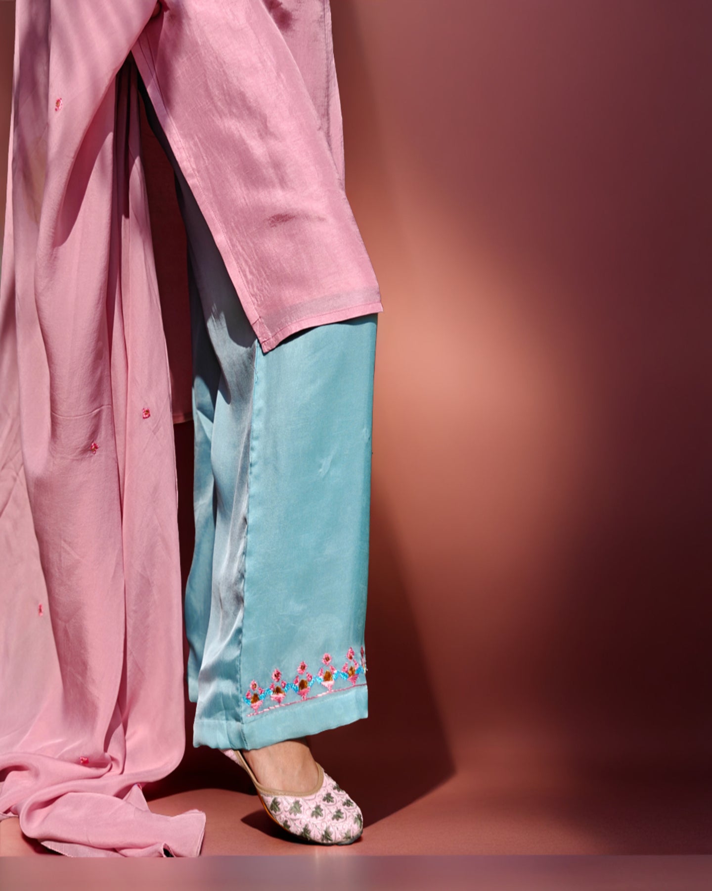 Hand Work Phulkari Suit with Dupatta and Palazo - Blushberry Pink