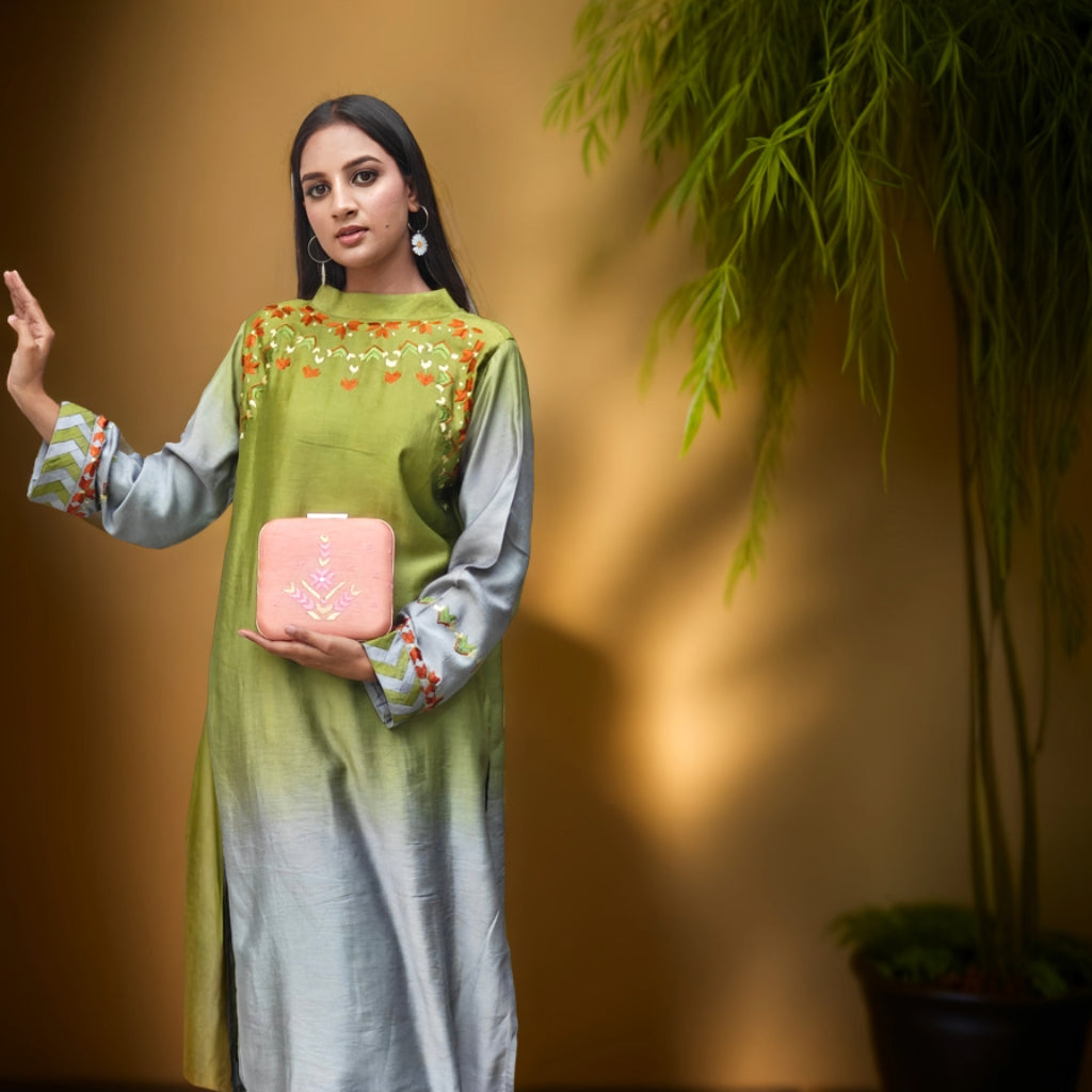 Hand Embroidered Phulkari Clutch - Calm Peach - Square