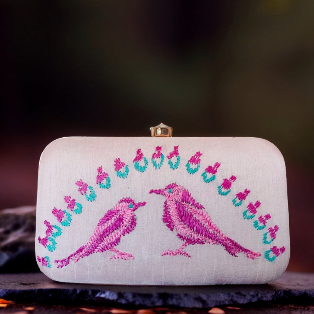 Hand Work Phulkari Clutch - Baby Pink - Rectangle