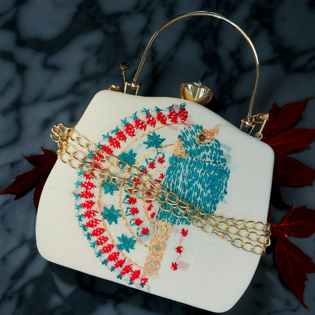 Hand Work Phulkari Clutch - Celestial Dove