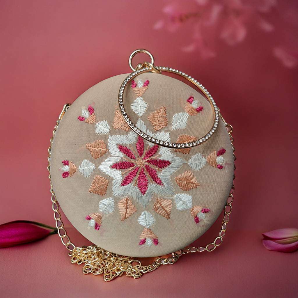 Pure Silk Hand Embroidered Phulkari Clutch - fawn cream pink+ Artisanal + Punjab + Tradition + Women + MakeInIndia + Handicraft + trend + festival wear + comfort wear + smart wear + trendy wear + indian ethnic + cultural wear + rakhi + diwali + friends wear + date wear + casual wear + indian wear + western wear + trendy attire + fashion + stylish + dinner + clutch + handbag + sling bag + classy + marriage essentials + bride wear + punjab + panjab + handwork + vibrant + signature + trendy + luxury + best