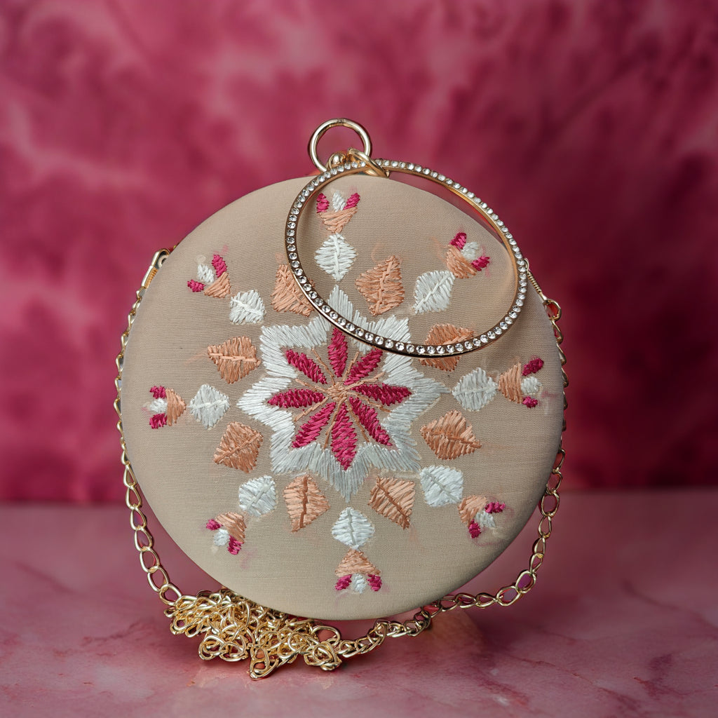 Pure Silk Hand Embroidered Phulkari Clutch - fawn cream pink+ Artisanal + Punjab + Tradition + Women + MakeInIndia + Handicraft + trend + festival wear + comfort wear + smart wear + trendy wear + indian ethnic + cultural wear + rakhi + diwali + friends wear + date wear + casual wear + indian wear + western wear + trendy attire + fashion + stylish + dinner + clutch + handbag + sling bag + classy + marriage essentials + bride wear + punjab + panjab + handwork + vibrant + signature + trendy + luxury + best