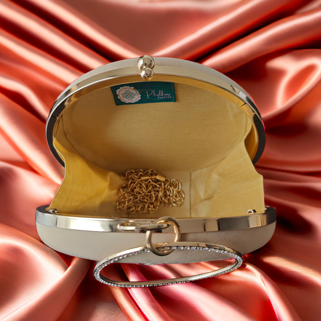 Pure Silk Hand Embroidered Phulkari Clutch - fawn cream pink+ Artisanal + Punjab + Tradition + Women + MakeInIndia + Handicraft + trend + festival wear + comfort wear + smart wear + trendy wear + indian ethnic + cultural wear + rakhi + diwali + friends wear + date wear + casual wear + indian wear + western wear + trendy attire + fashion + stylish + dinner + clutch + handbag + sling bag + classy + marriage essentials + bride wear + punjab + panjab + handwork + vibrant + signature + trendy + luxury + best