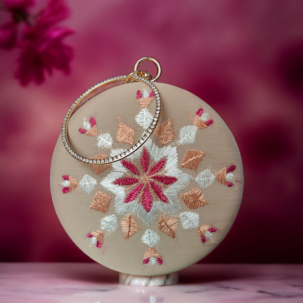 Pure Silk Hand Embroidered Phulkari Clutch - fawn cream pink+ Artisanal + Punjab + Tradition + Women + MakeInIndia + Handicraft + trend + festival wear + comfort wear + smart wear + trendy wear + indian ethnic + cultural wear + rakhi + diwali + friends wear + date wear + casual wear + indian wear + western wear + trendy attire + fashion + stylish + dinner + clutch + handbag + sling bag + classy + marriage essentials + bride wear + punjab + panjab + handwork + vibrant + signature + trendy + luxury + best