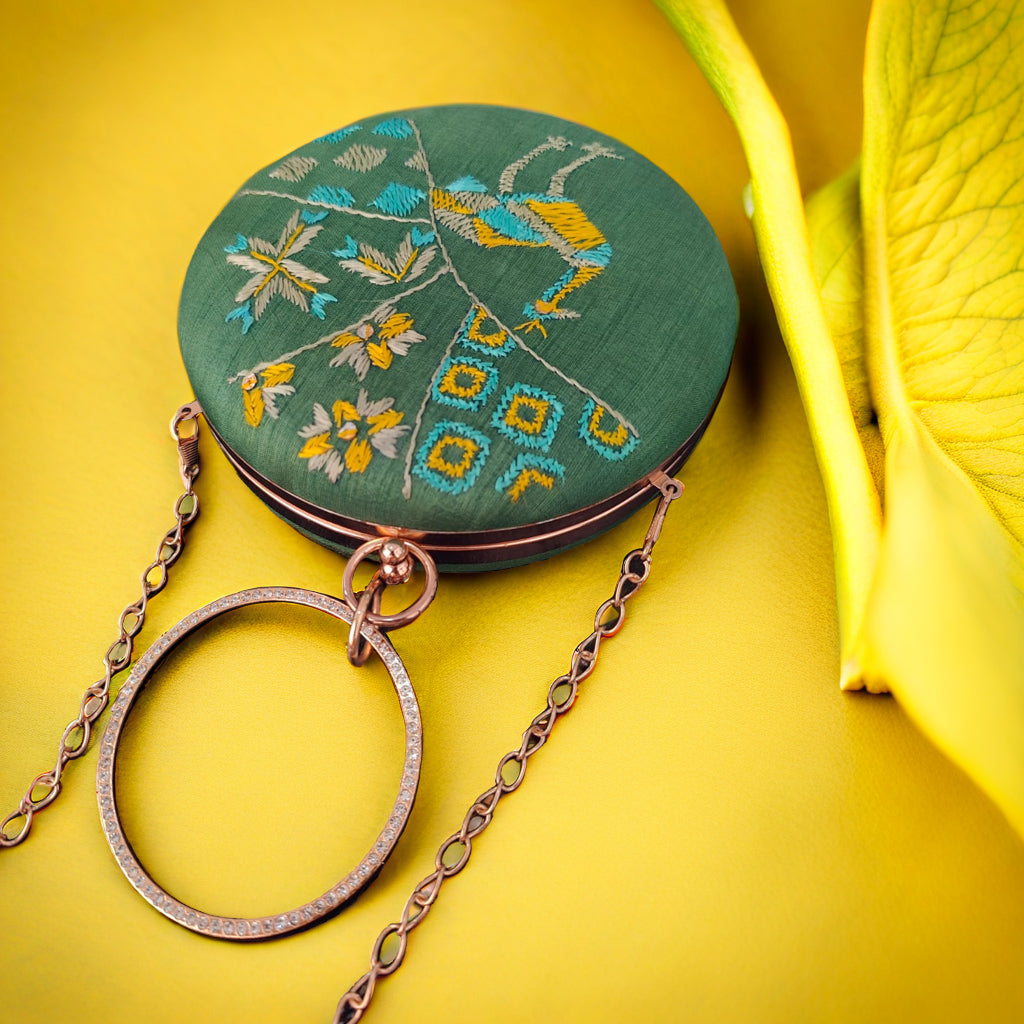 Pure Silk Hand Embroidered Phulkari Clutch - forest green + Artisanal + Punjab + Tradition + Women + MakeInIndia + Handicraft + trend + festival wear + comfort wear + smart wear + trendy wear + indian ethnic + cultural wear + rakhi + diwali + ganesh cahturthi + friends wear + date wear + casual wear + indian wear + western wear + trendy attire + fashion + stylish + dinner + clutch + handbag + sling bag + classy + marriage essentials + bride wear + punjab + panjab + handwork + vibrant + signature