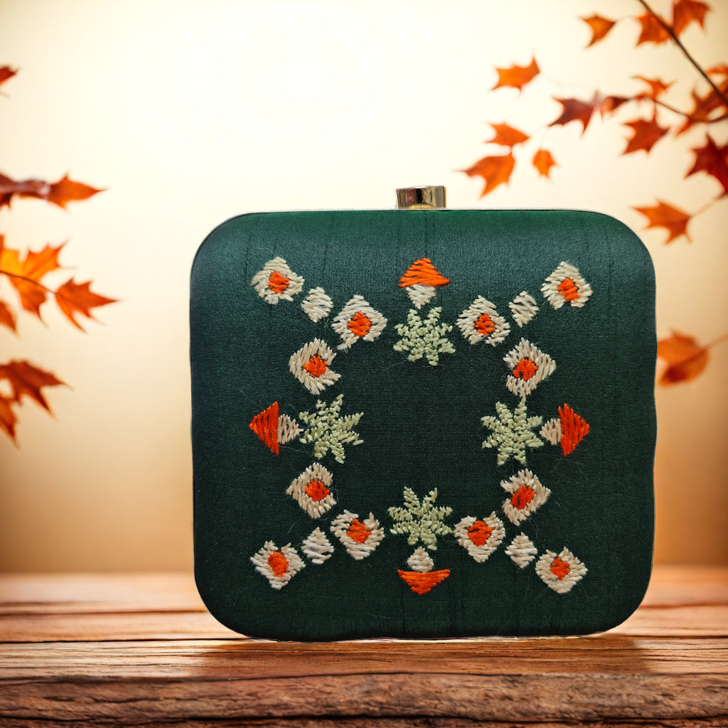 Pure Silk Hand Embroidered Phulkari Clutch -dark green majestic+ Artisanal + Punjab + Tradition + Women + MakeInIndia + Handicraft + trend + festival wear + comfort wear + smart wear + trendy wear + indian ethnic + cultural wear + rakhi + diwali + friends wear + date wear + casual wear + indian wear + western wear + trendy attire + fashion + stylish + dinner + clutch + handbag + sling bag + classy + marriage essentials + bride wear + punjab + panjab + handwork + vibrant + signature + trendy + luxury + best