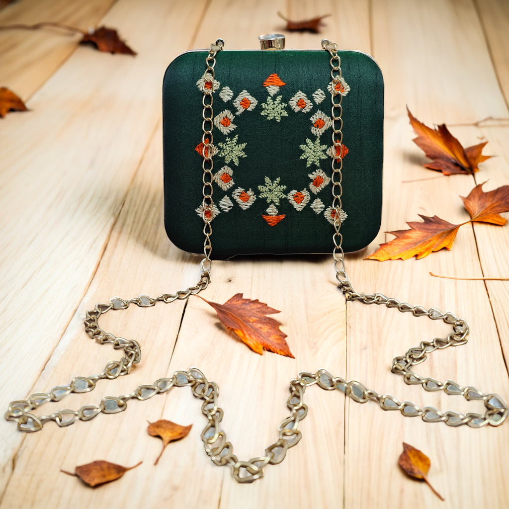 Pure Silk Hand Embroidered Phulkari Clutch -dark green majestic+ Artisanal + Punjab + Tradition + Women + MakeInIndia + Handicraft + trend + festival wear + comfort wear + smart wear + trendy wear + indian ethnic + cultural wear + rakhi + diwali + friends wear + date wear + casual wear + indian wear + western wear + trendy attire + fashion + stylish + dinner + clutch + handbag + sling bag + classy + marriage essentials + bride wear + punjab + panjab + handwork + vibrant + signature + trendy + luxury + best