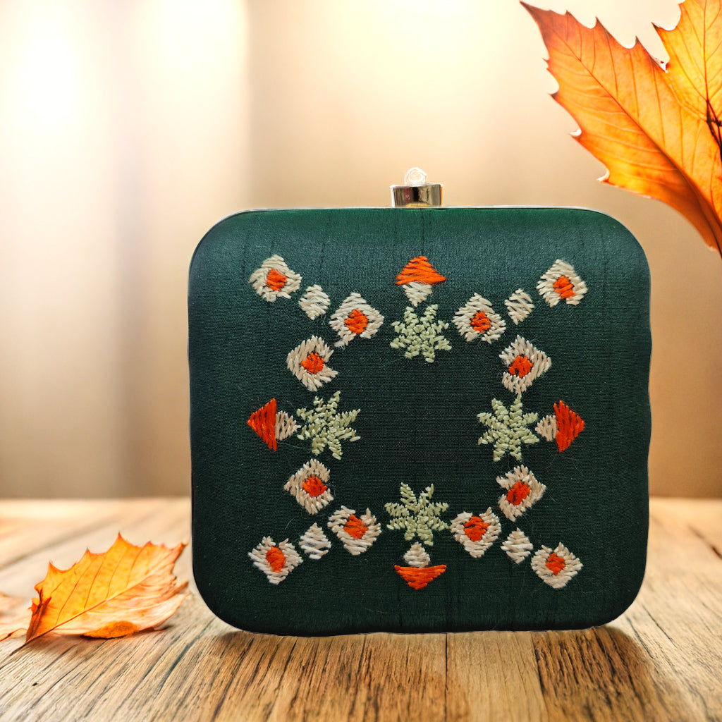 Pure Silk Hand Embroidered Phulkari Clutch -dark green majestic+ Artisanal + Punjab + Tradition + Women + MakeInIndia + Handicraft + trend + festival wear + comfort wear + smart wear + trendy wear + indian ethnic + cultural wear + rakhi + diwali + friends wear + date wear + casual wear + indian wear + western wear + trendy attire + fashion + stylish + dinner + clutch + handbag + sling bag + classy + marriage essentials + bride wear + punjab + panjab + handwork + vibrant + signature + trendy + luxury + best