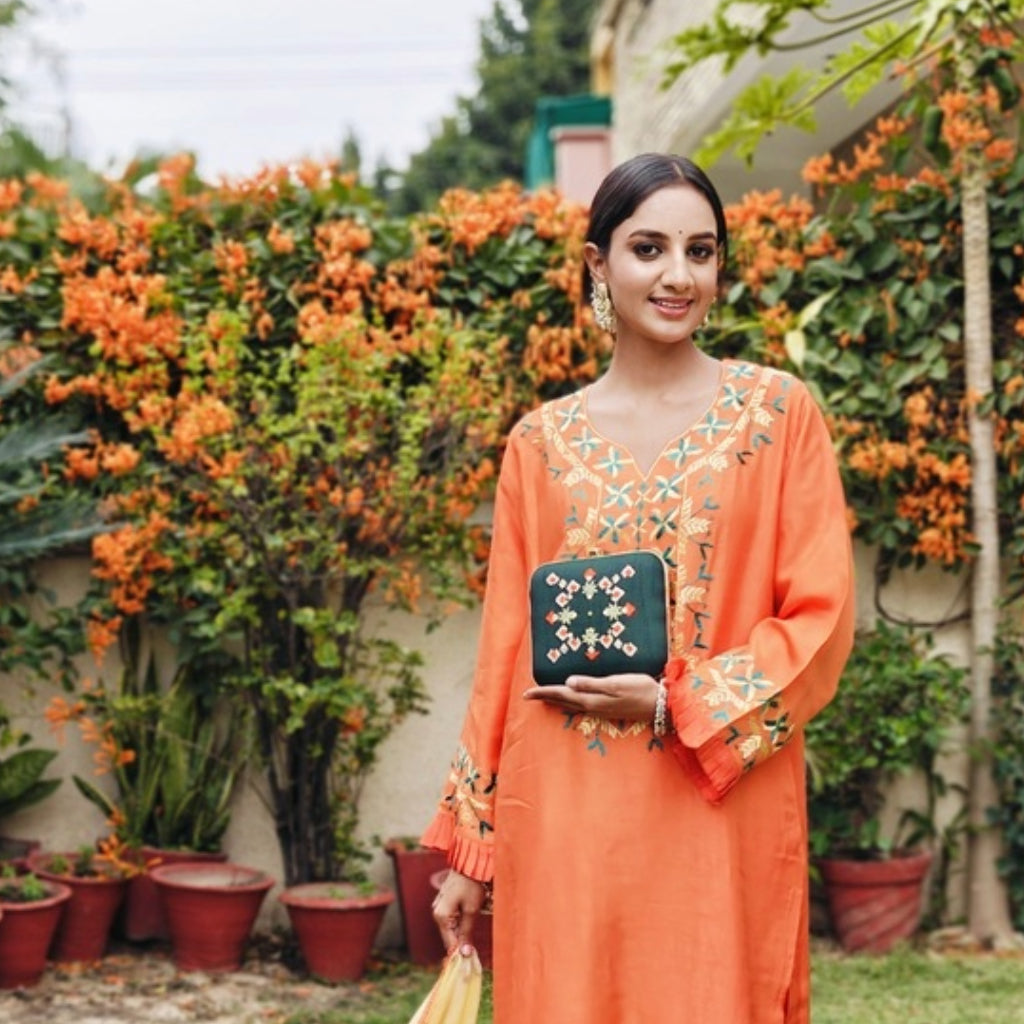 Hand Embroidered Phulkari Clutch - Majestic Green - Square