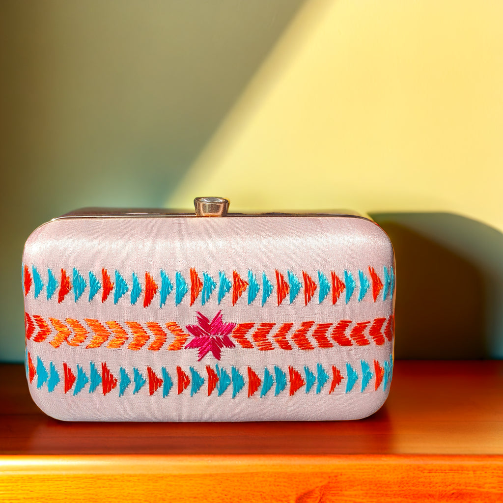 Pure Silk Hand Embroidered Phulkari Clutch - powder pink peach + Artisanal + Punjab + Tradition + Women + MakeInIndia + Handicraft + trend + festival wear + comfort wear + smart wear + trendy wear + indian ethnic + cultural wear + rakhi + diwali + friends wear + date wear + casual wear + indian wear + western wear + trendy attire + fashion + stylish + dinner + clutch + handbag + sling bag + classy + marriage essentials + bride wear + punjab + panjab + handwork + vibrant + signature + trendy + luxury + best