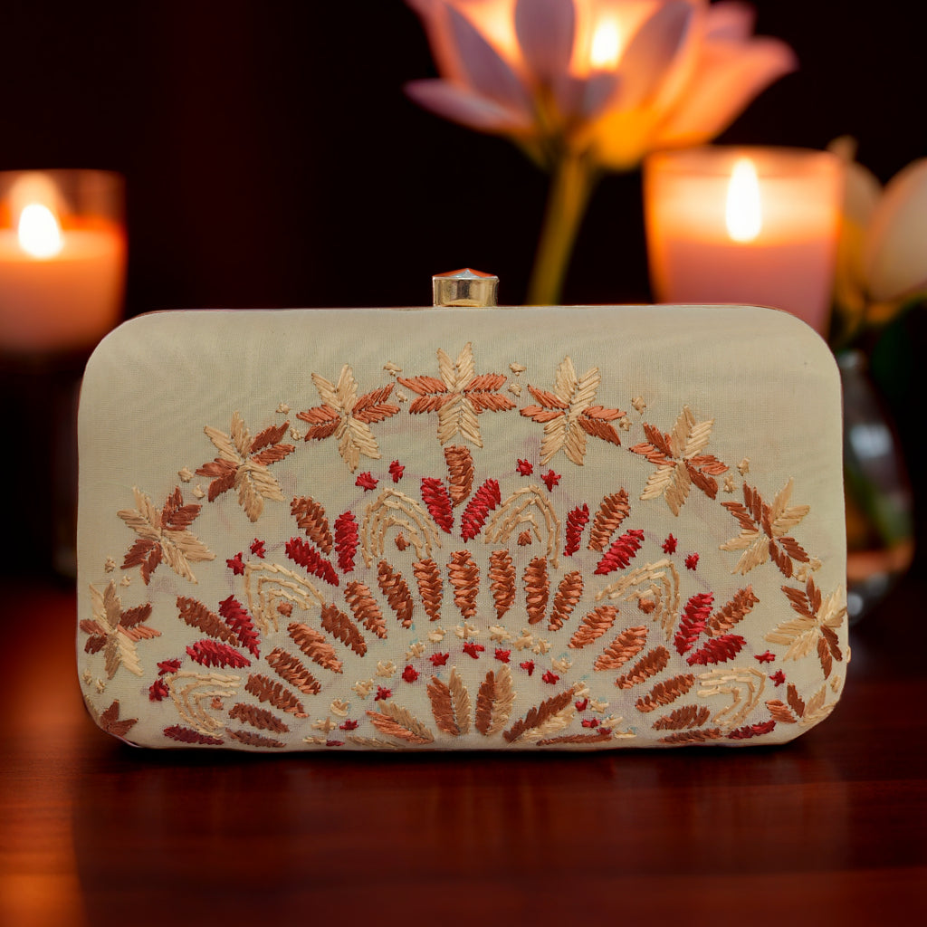 Pure Silk Hand Embroidered Phulkari Clutch - royal fawn + Artisanal + Punjab + Tradition + Women + MakeInIndia + Handicraft + trend + festival wear + comfort wear + smart wear + trendy wear + indian ethnic + cultural wear + rakhi + diwali + friends wear + date wear + casual wear + indian wear + western wear + trendy attire + fashion + stylish + dinner + clutch + handbag + sling bag + classy + marriage essentials + bride wear + punjab + panjab + handwork + vibrant + signature + trendy + luxury + best