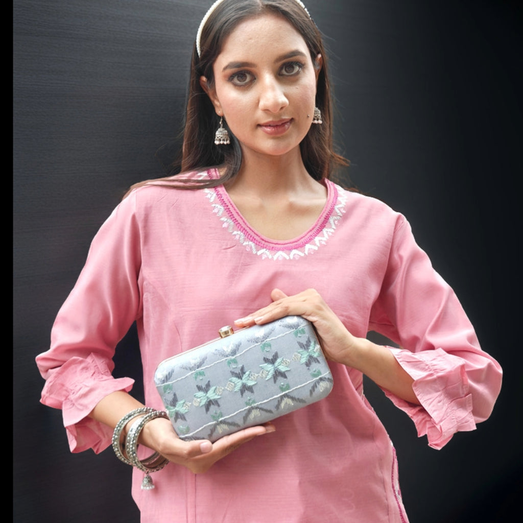 Hand Embroidered Phulkari Clutch - Graceful Silver - Rectangle