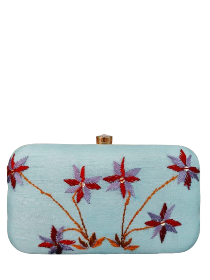 Pure Silk Hand Embroidered Phulkari Clutch - Sky Blue + Artisanal + Punjab + Tradition + Women + MakeInIndia + Handicraft + red brown Motif + trend + festival wear + comfort wear + smart wear + trendy wear + indian ethnic + cultural wear + rakhi + diwali + ganesh cahturthi + friends wear + date wear + casual wear + indian wear + western wear + trendy attire + fashion + stylish + dinner + clutch + handbag + sling bag + classy + marriage essentials + bride wear + floral + trendy