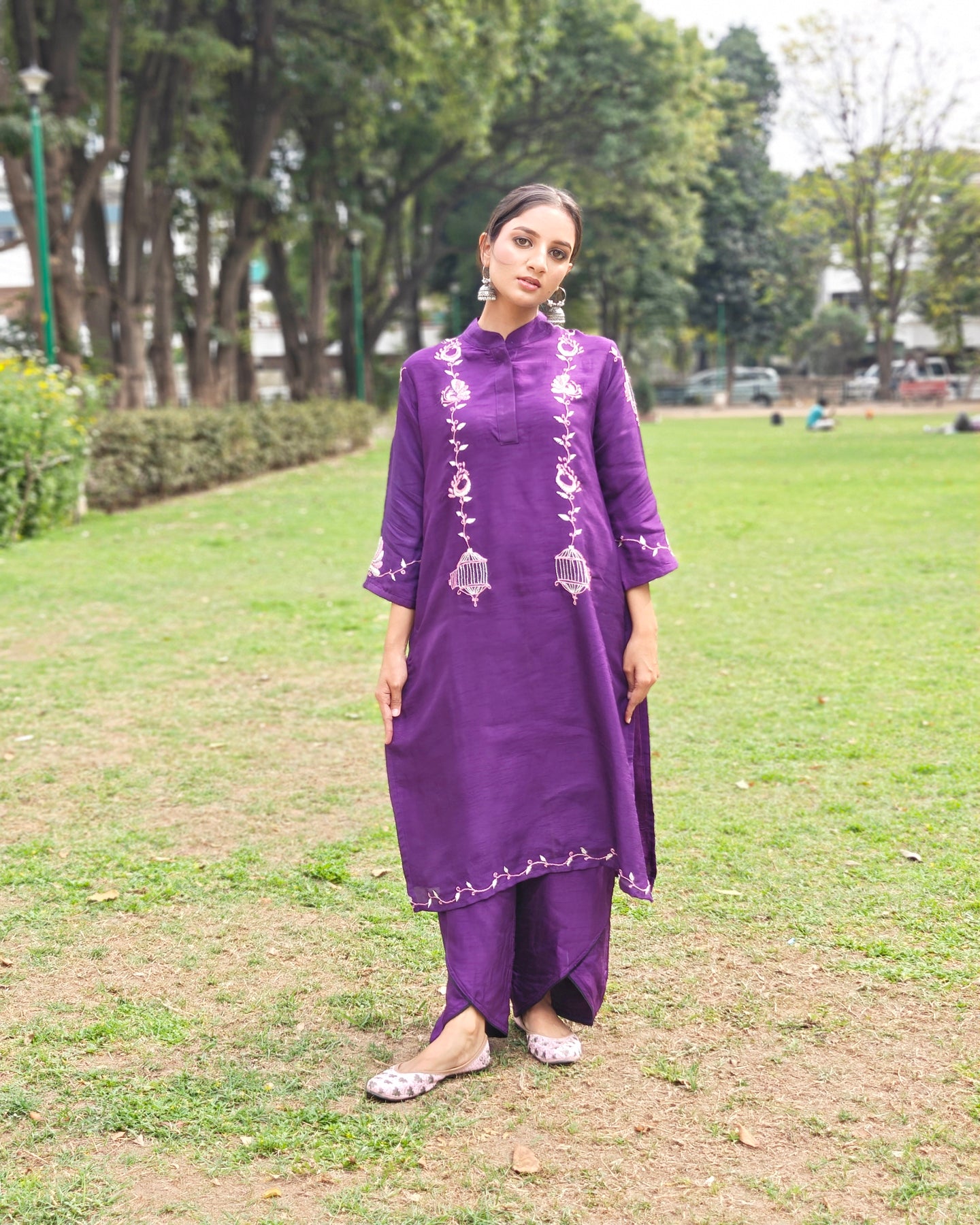 Pure Silk Hand Work Phulkari Pants - Purple Grace