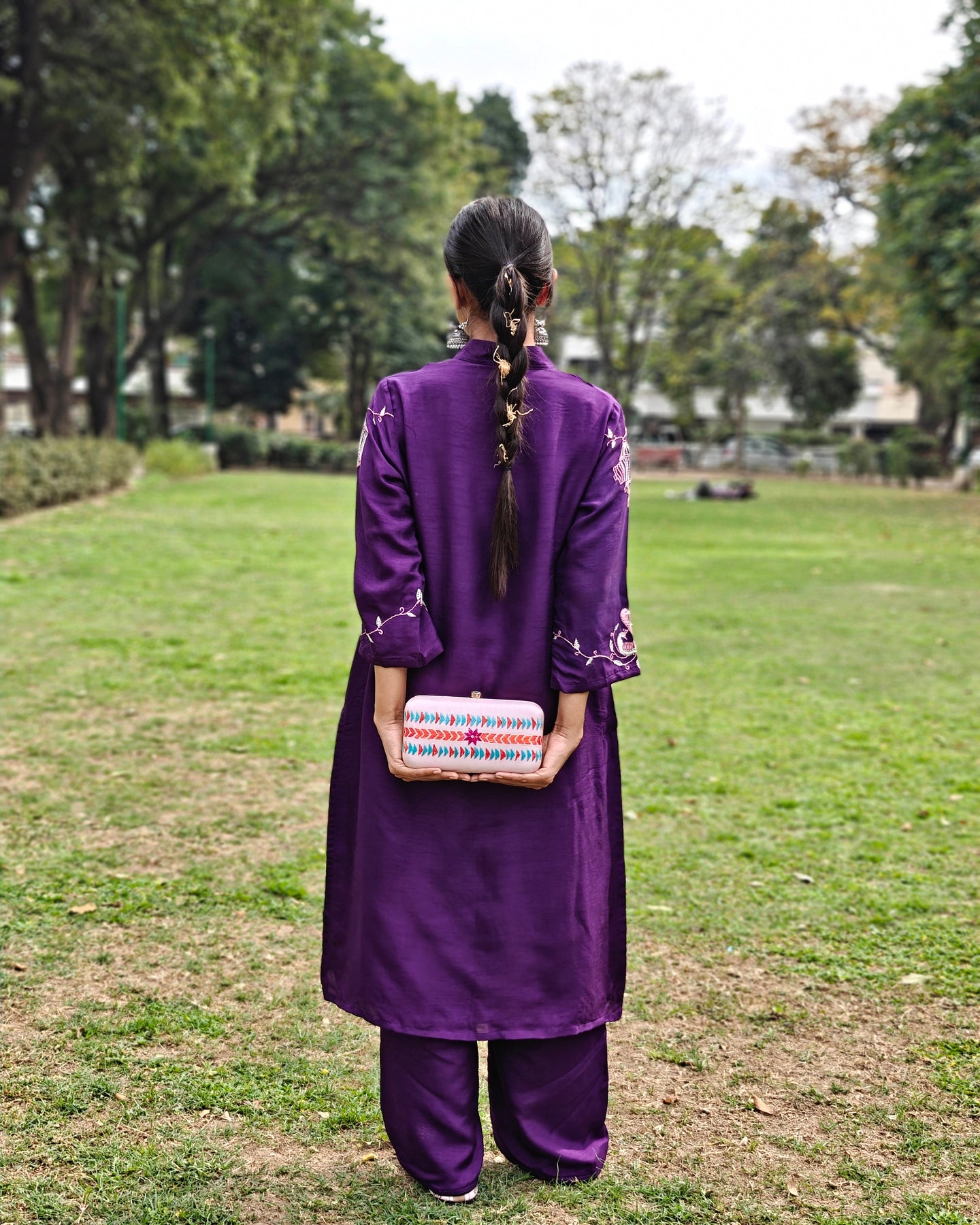 Pure Silk Hand Work Phulkari Pants - Purple Grace