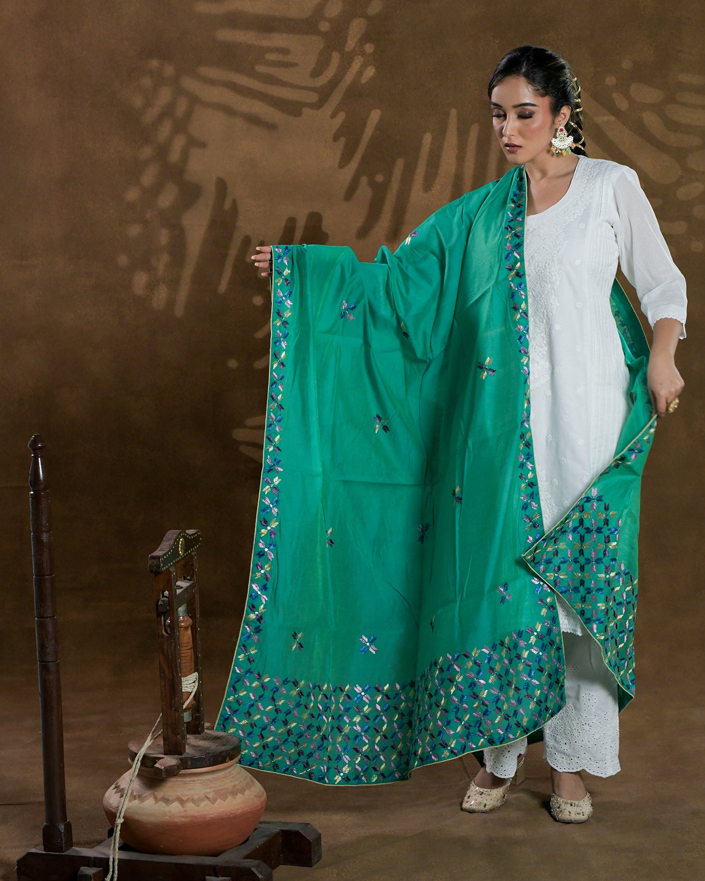 Pure Chanderi Silk Hand Work Phulkari Dupatta - Gracious Green