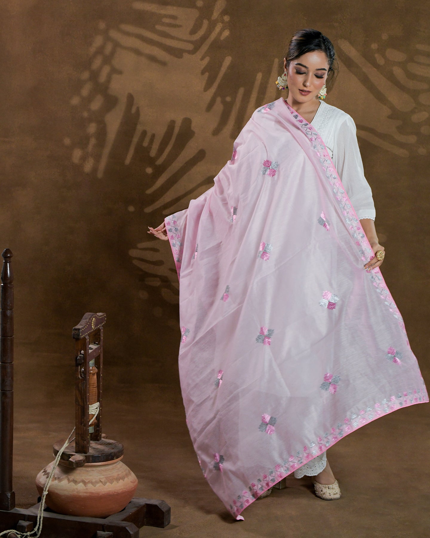 Pure Chanderi Silk Hand Embroidered Phulkari Dupatta - Light pink + multicolor + royal + antique + Artisanal + Punjab + Tradition + Women + MakeInIndia + Handicraft + Panjab + Rang + Colours + Girl Clothing + Fulkari + Threads + Colours + Colors + Embroidery + Handwork + Artisan + Stylish + Royalty + Royal + Decoration + Decor+ Heritage Punjab + NRI + shagan + sangeet + wedding + vyah + engagement + party + best + top + premium + import + export + shahi + gift + unique + light + heavy + rural + patiala