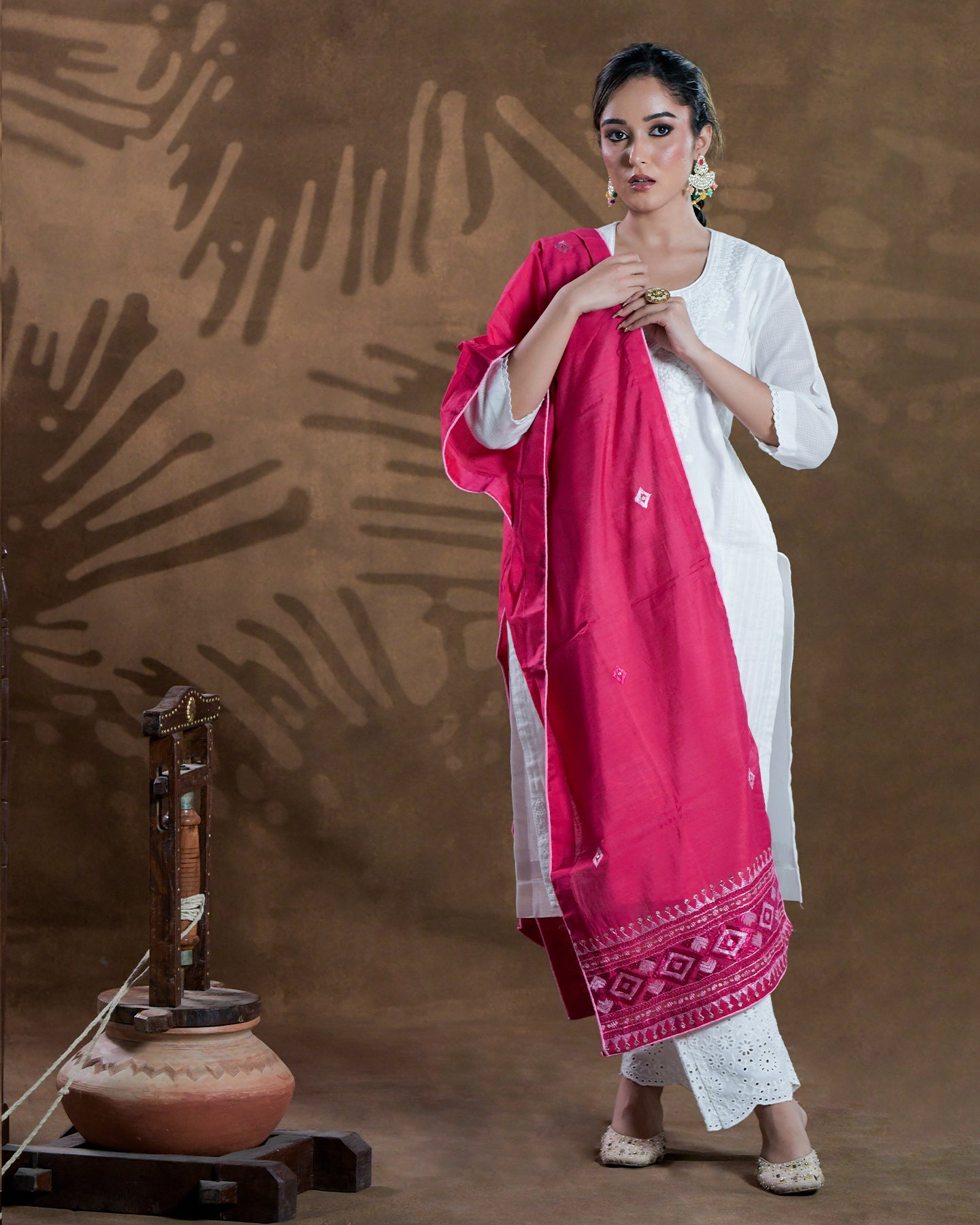 Pure Chanderi Silk Hand Embroidered Phulkari Dupatta stole - majenta pink + multicolor + royal + antique + Artisanal + Punjab + Tradition + Women + MakeInIndia + Handicraft + Panjab + Rang + Colours + Girl Clothing + Fulkari + Threads + Colours + Colors + Embroidery + Handwork + Artisan + Stylish + Royalty + Royal + Decoration + Decor+ Heritage Punjab + NRI + shagan + wedding + vyah + engagement + party + best + top + premium + import + export + shahi + gift + unique + light + heavy + rural + patiala