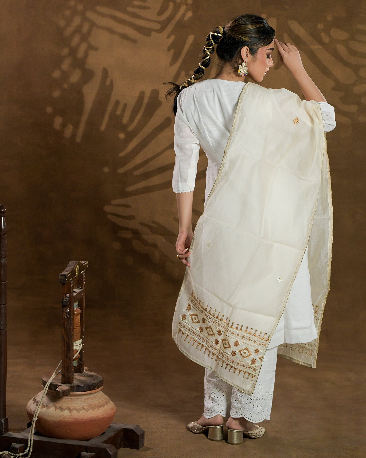 Pure Chanderi Silk Hand Embroidered Phulkari Dupatta Stole - Cream beige + multicolor + royal + antique + Artisanal + Punjab + Tradition + Women + MakeInIndia + Handicraft + Panjab + Rang + Colours + Girl Clothing + Fulkari + Threads + Colours + Colors + Embroidery + Handwork + Artisan + Stylish + Royalty + Royal + Decoration + Decor+ Heritage Punjab + NRI + shagan + sangeet + wedding + vyah + engagement + party + best + top + premium + import + export + shahi + gift + unique + light + heavy + rural