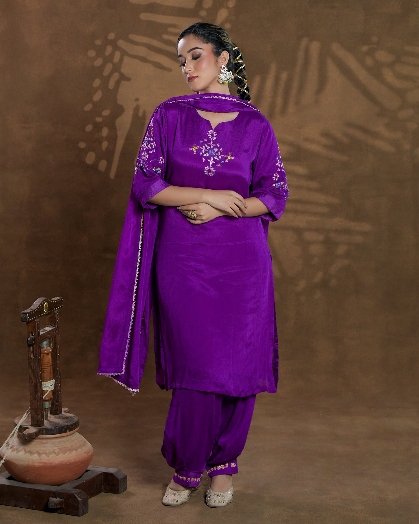 Pure Chinon Hand Work Phulkari Suit with Dupatta Premium Purple