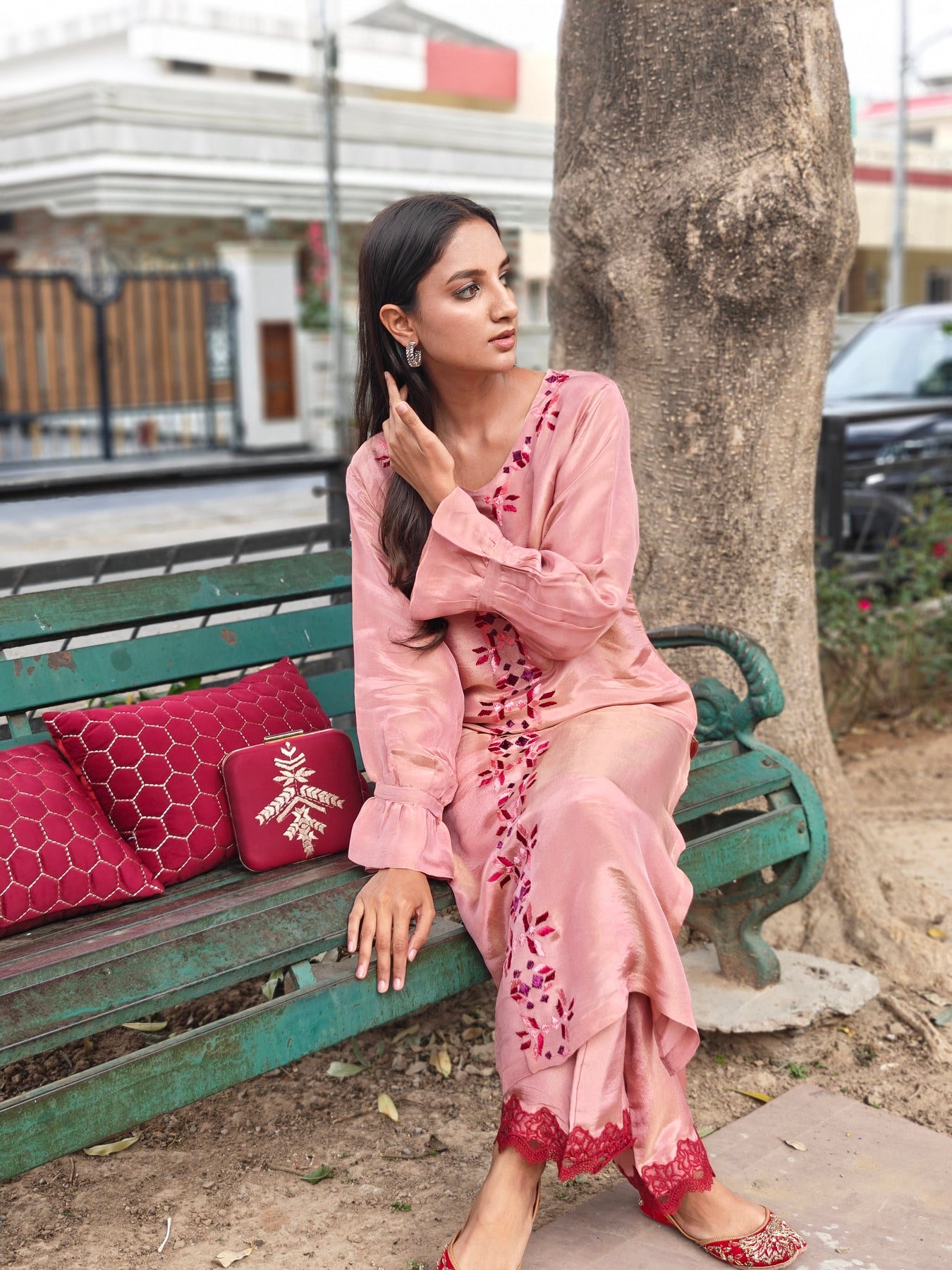 Pure soft tissue Hand Embroidered Phulkari Kurti - Blush Pink