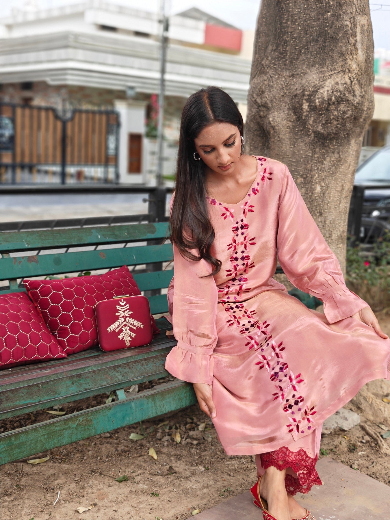 Pure soft tissue Hand Embroidered Phulkari Kurti - Blush Pink