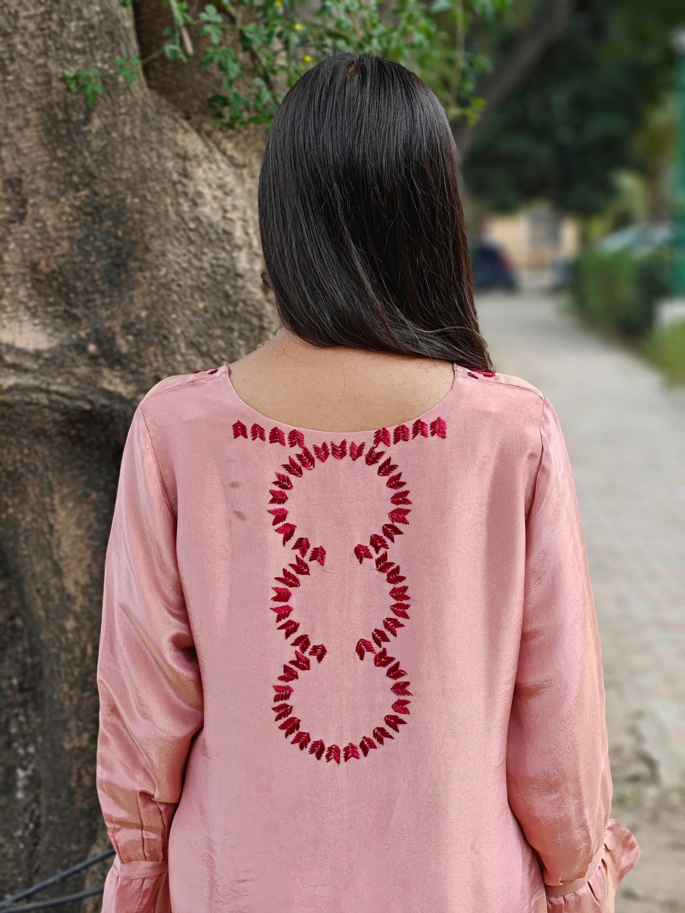Pure soft tissue Hand Embroidered Phulkari Kurti - Blush Pink