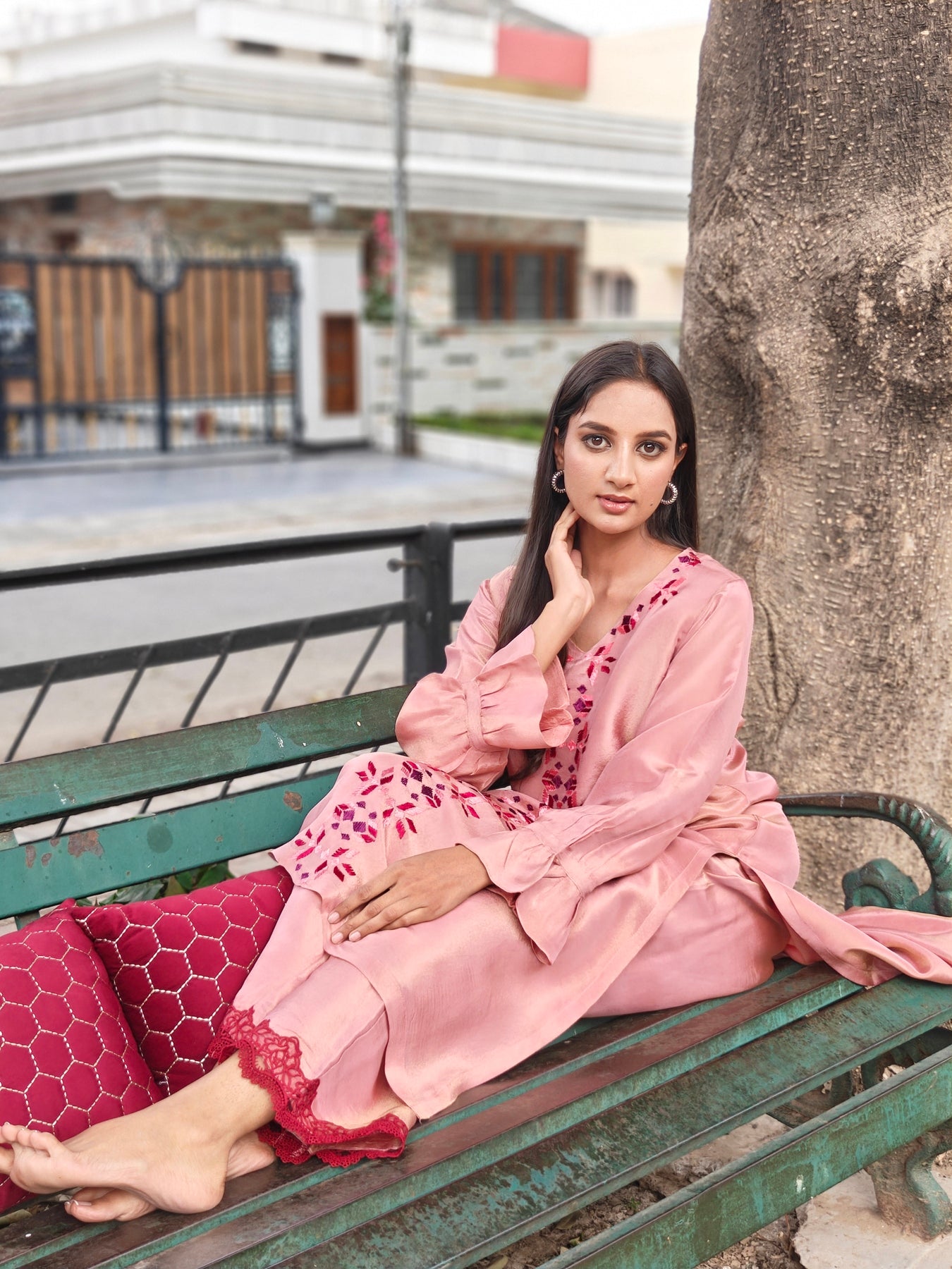 Pure soft tissue Hand Embroidered Phulkari Kurti - Blush Pink