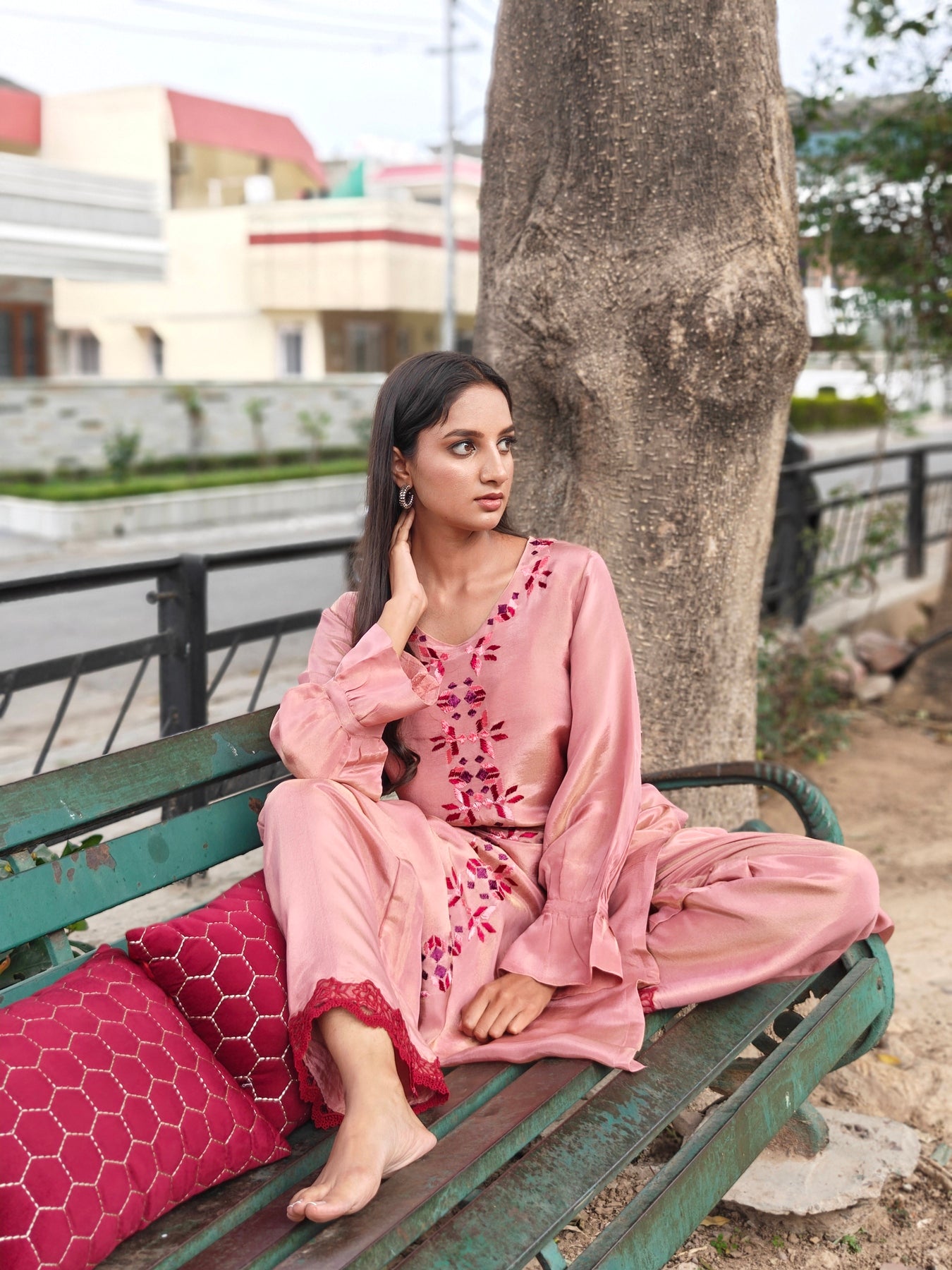 Pure soft tissue Hand Embroidered Phulkari Kurti - Blush Pink