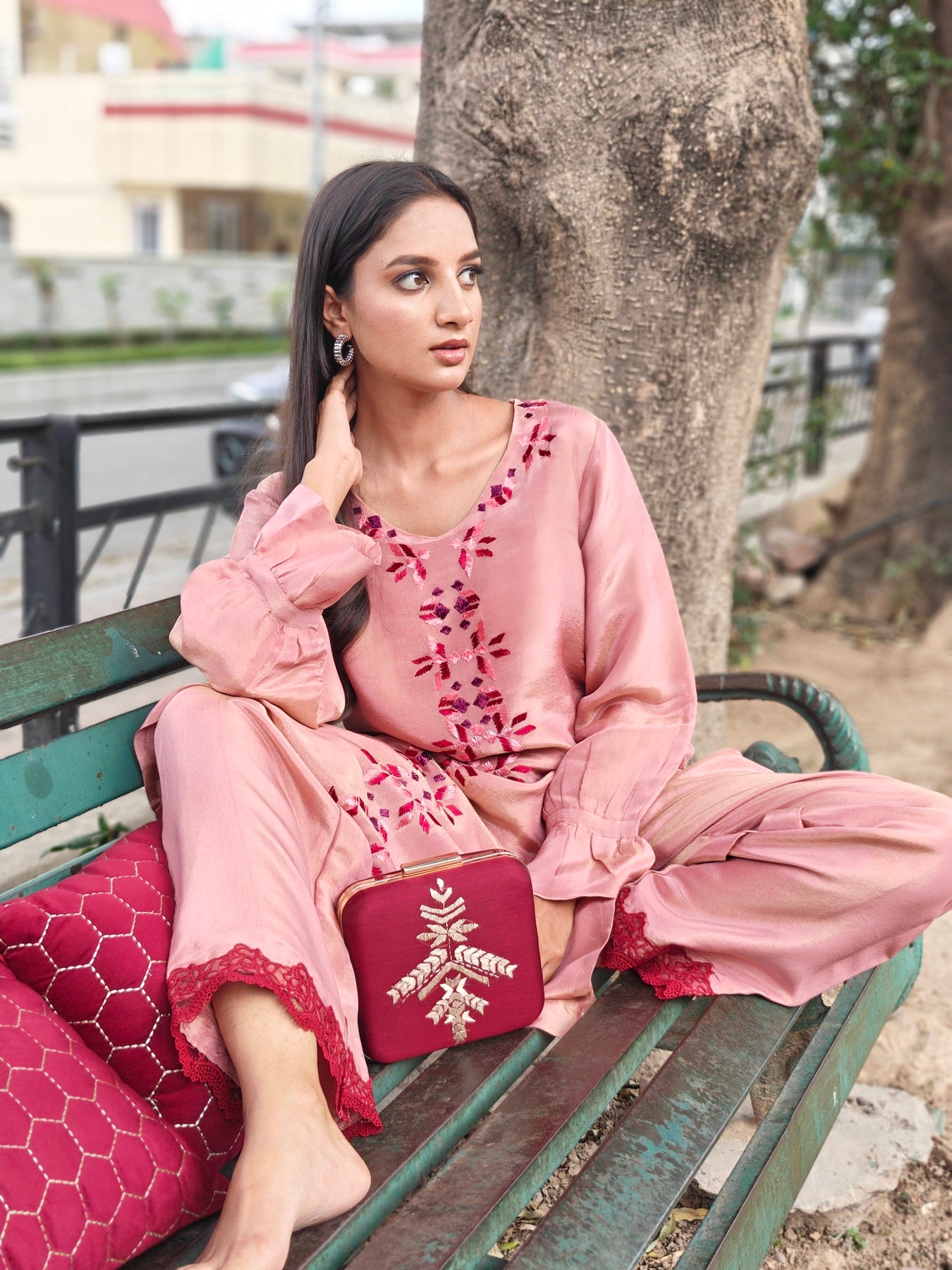 Pure soft tissue Hand Embroidered Phulkari Kurti - Blush Pink