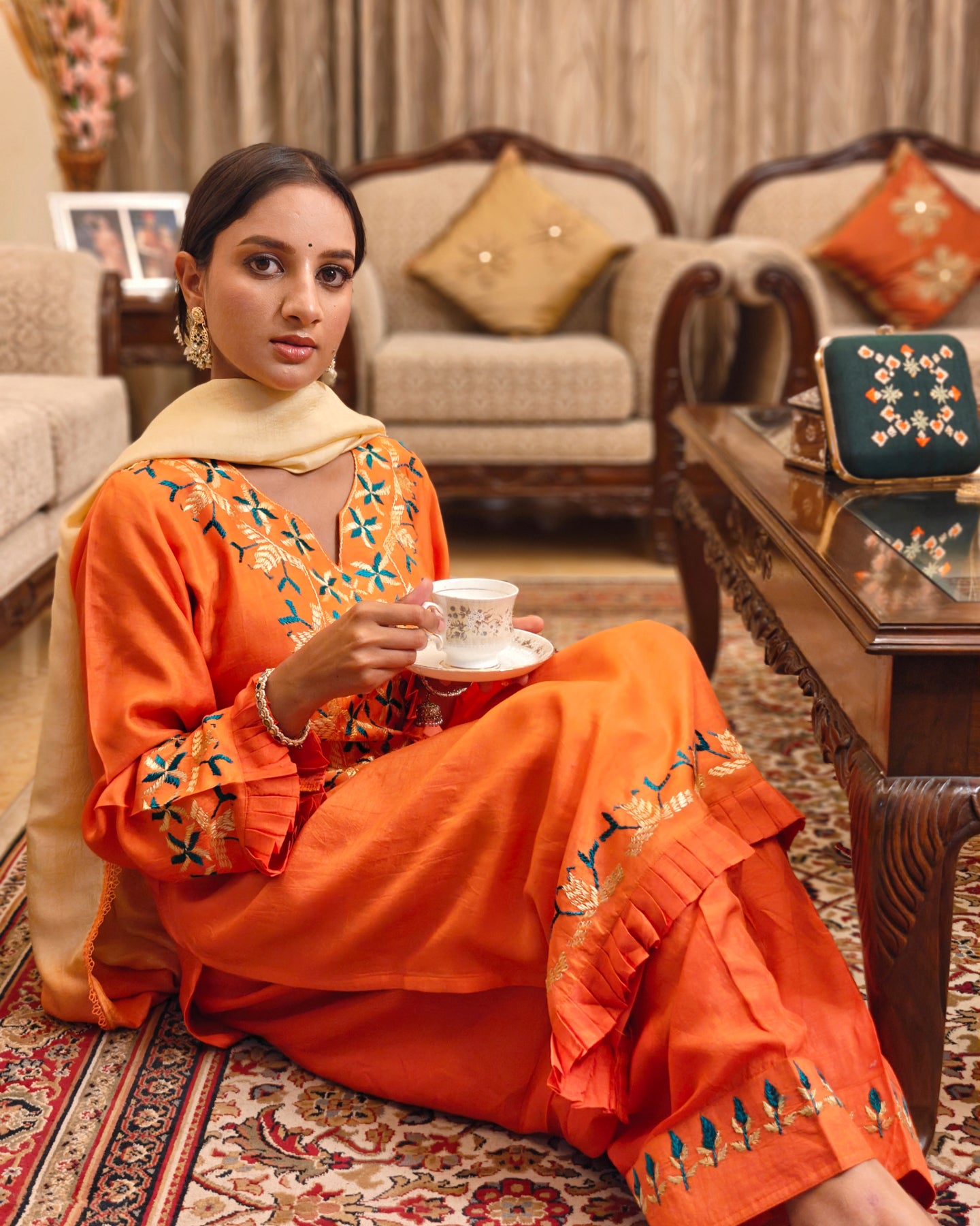 Pure Cotton Silk Hand Embroidered Phulkari Suit with dupatta - Marigold Mirage