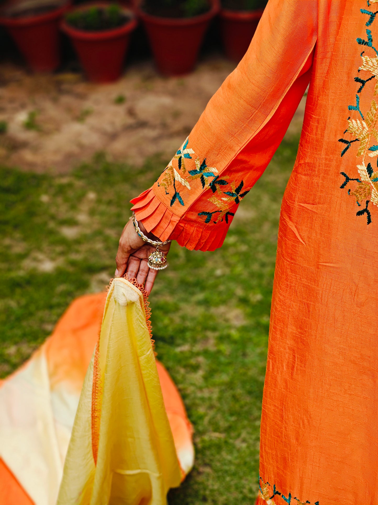 Pure Cotton Silk Hand Work Phulkari Kurti - Marigold Mirage