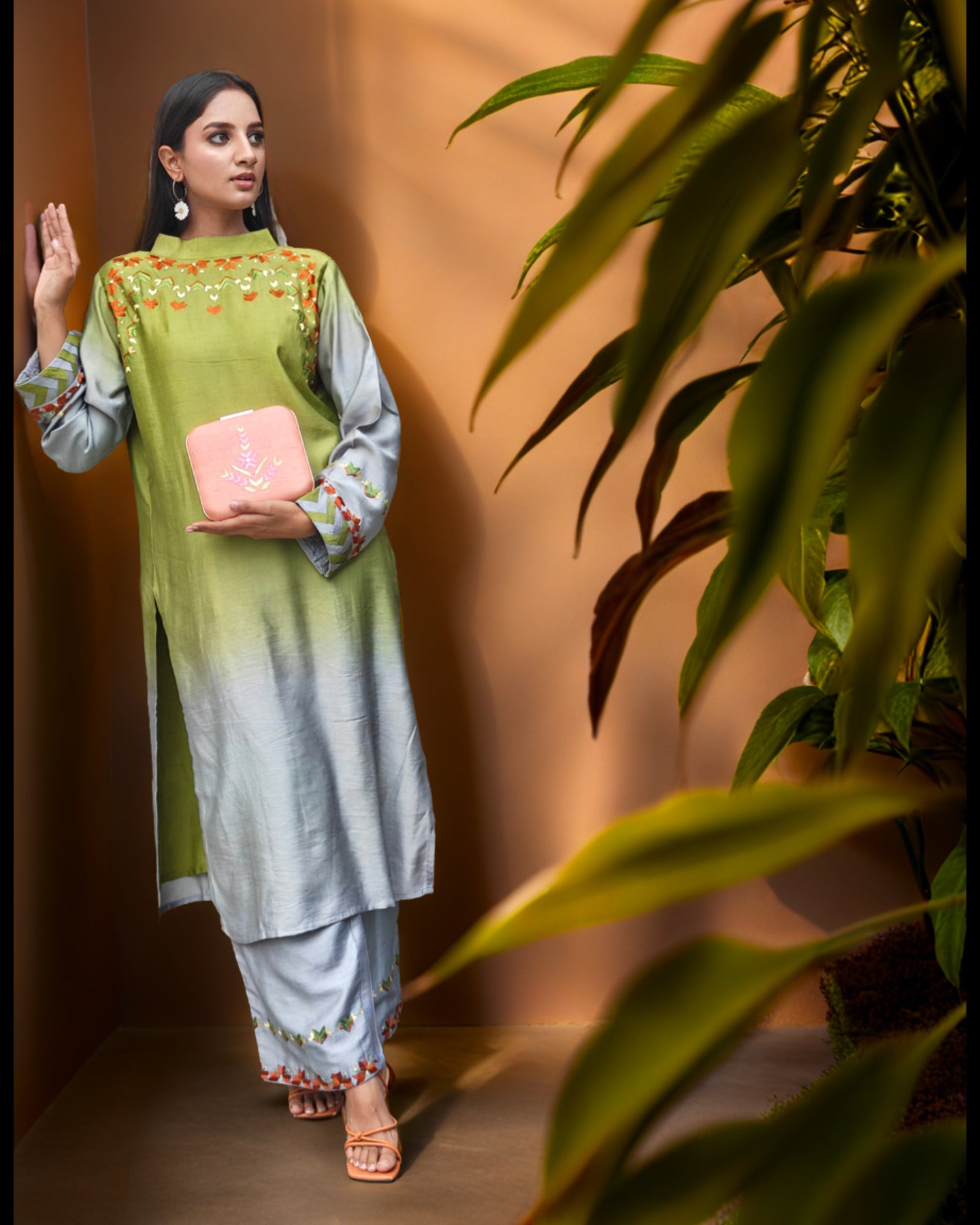 Pure Muslin Hand Work Phulkari Kurti Pant Set - Shaded affair
