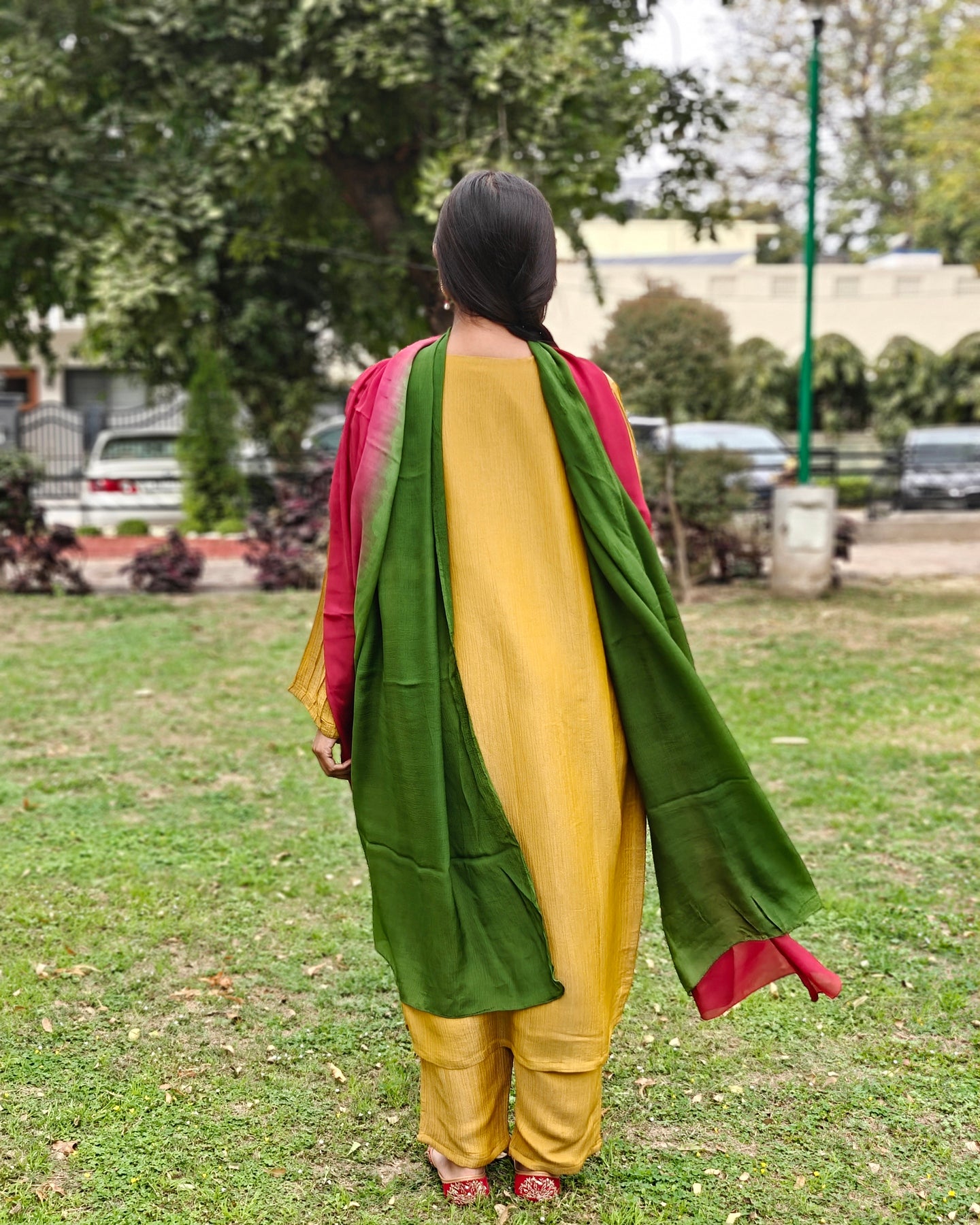 Pure Crushed tissue Hand Embroidered Phulkari Suit with dupatta - Mustard Yellow Bloom