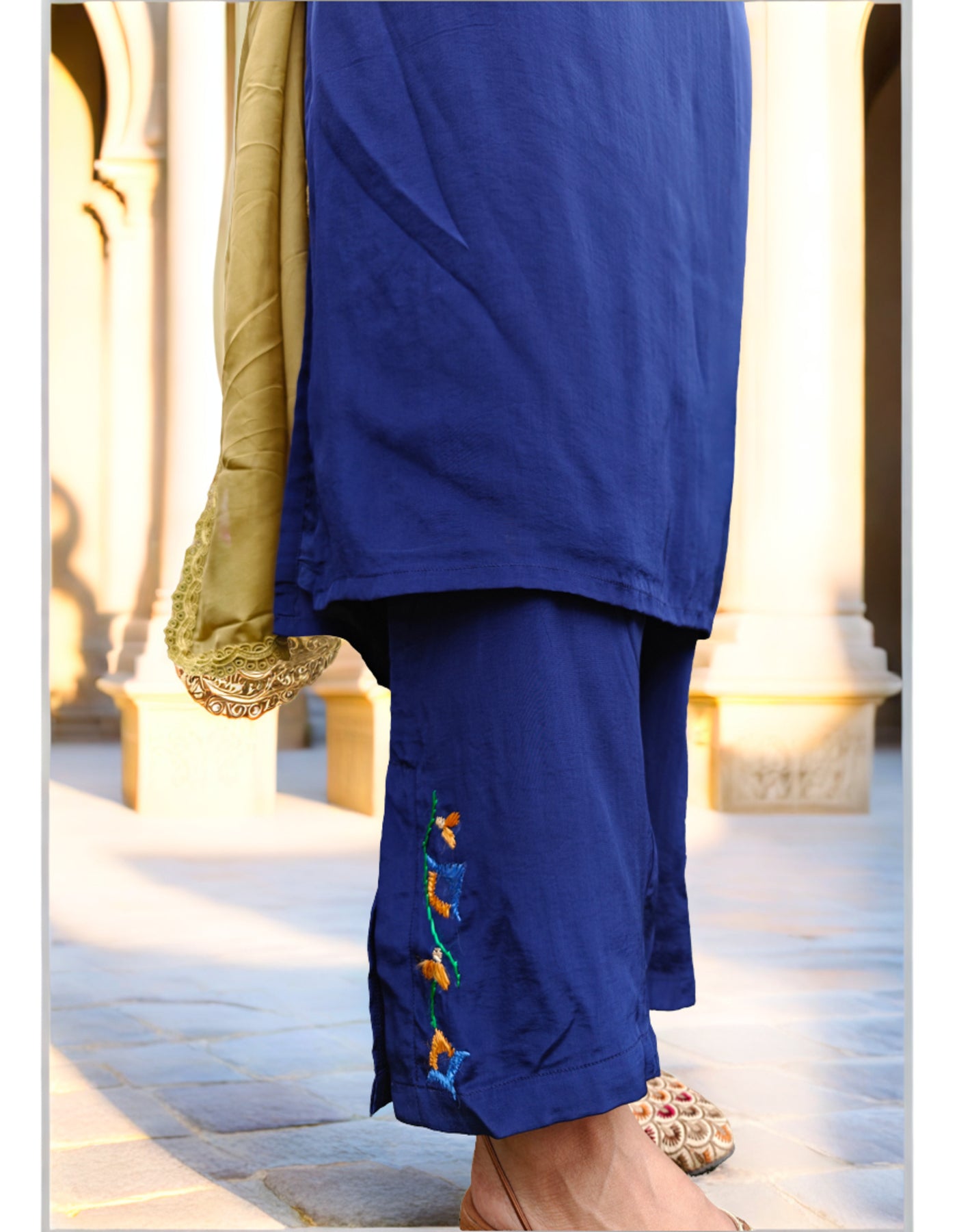 Pure Cotton Crepe Hand Embroidered Phulkari Suit with dupatta - Heritage Navy Blue