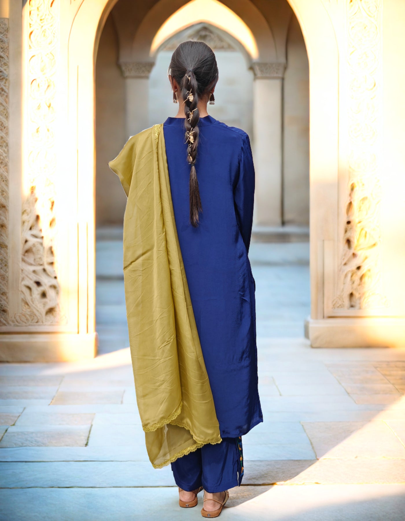 Pure Cotton Crepe Hand Embroidered Phulkari Suit with dupatta - Heritage Navy Blue