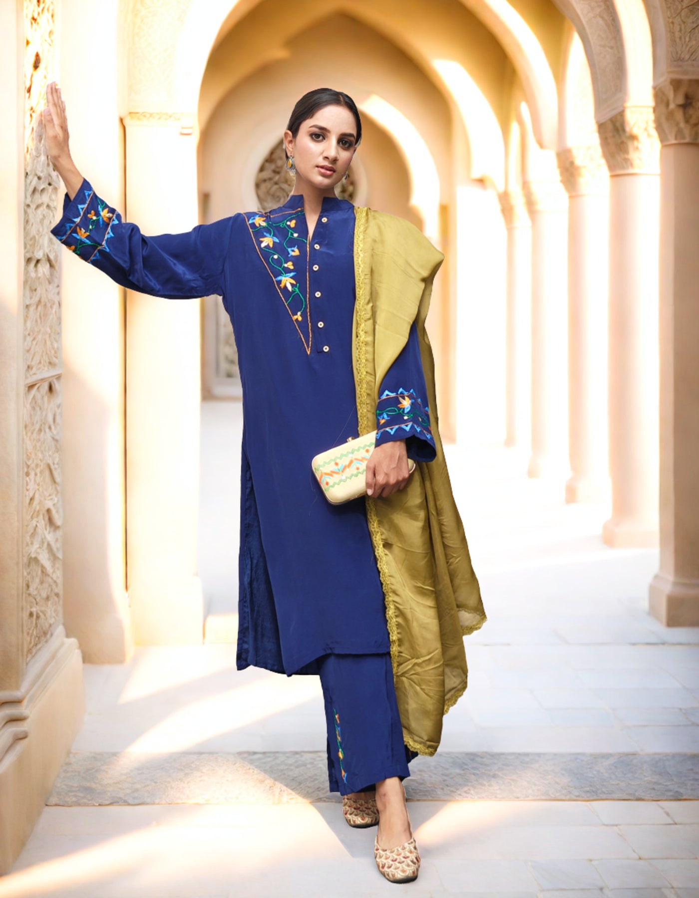 Pure Cotton Crepe Hand Embroidered Phulkari Suit with dupatta - Heritage Navy Blue
