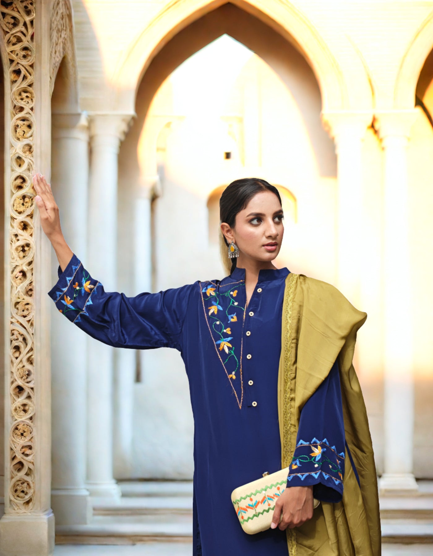 Pure Cotton Crepe Hand Embroidered Phulkari Suit with dupatta - Heritage Navy Blue