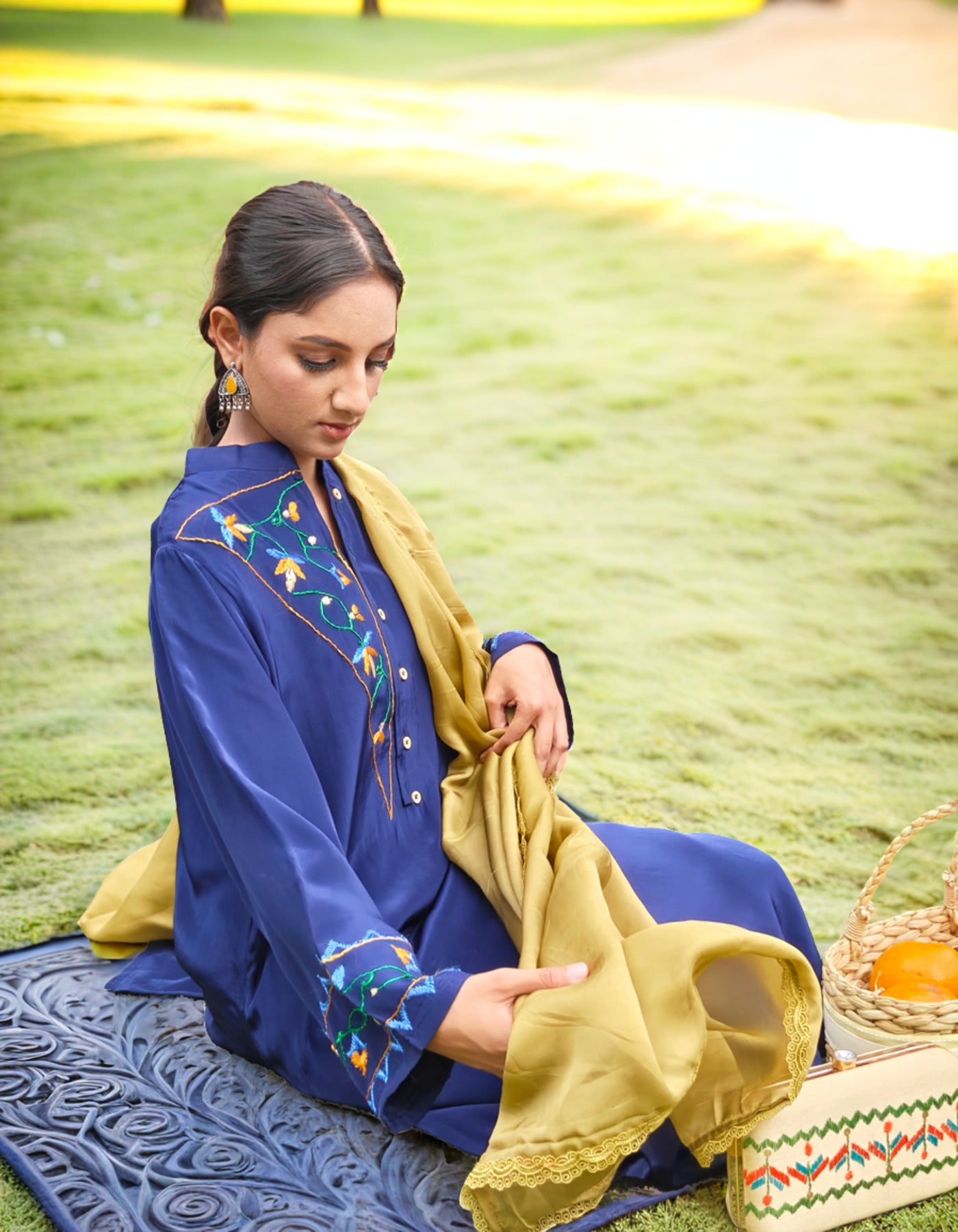 Pure Cotton Crepe Hand Embroidered Phulkari Suit with dupatta - Heritage Navy Blue