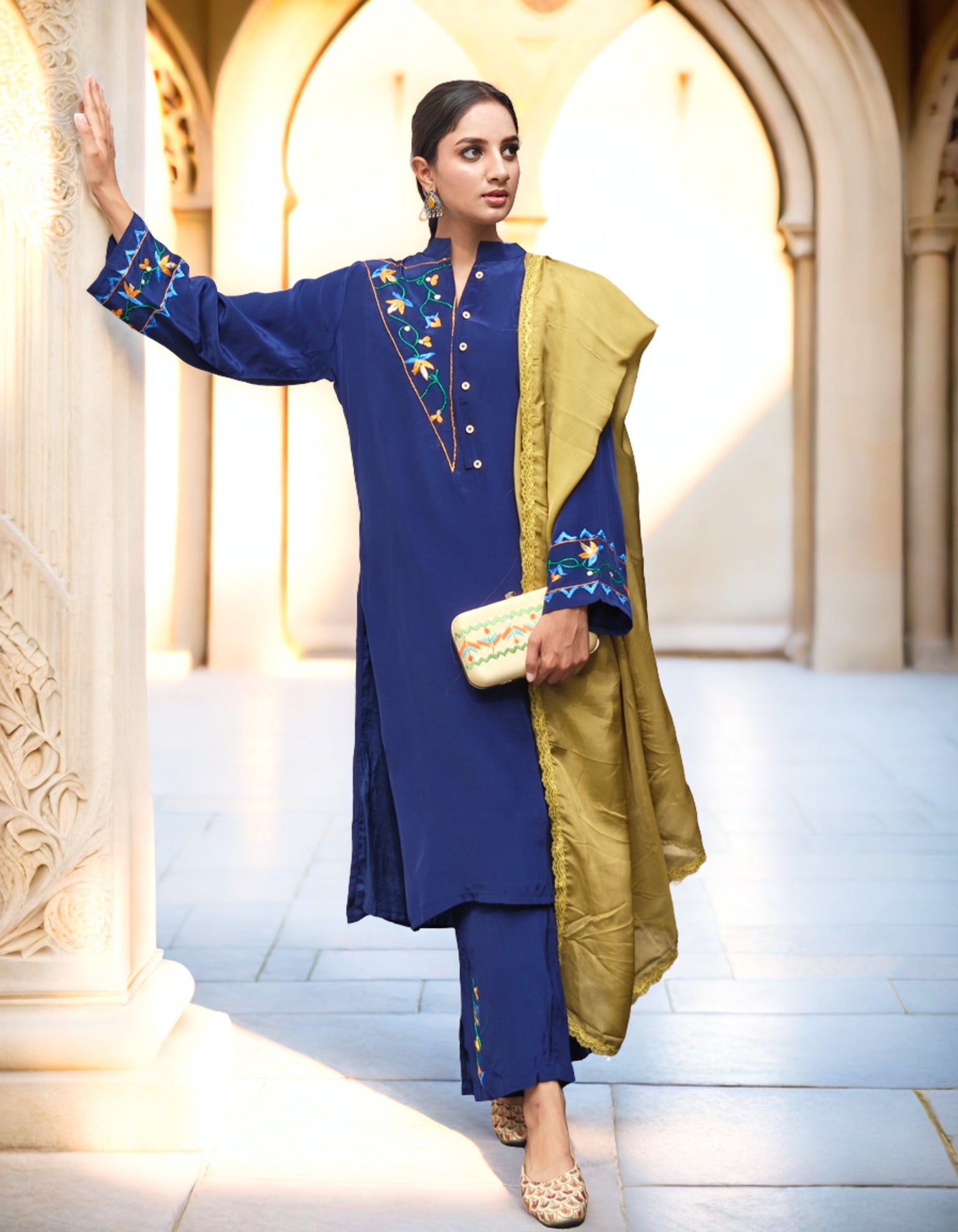 Pure Cotton Crepe Hand Embroidered Phulkari Suit with dupatta - Heritage Navy Blue