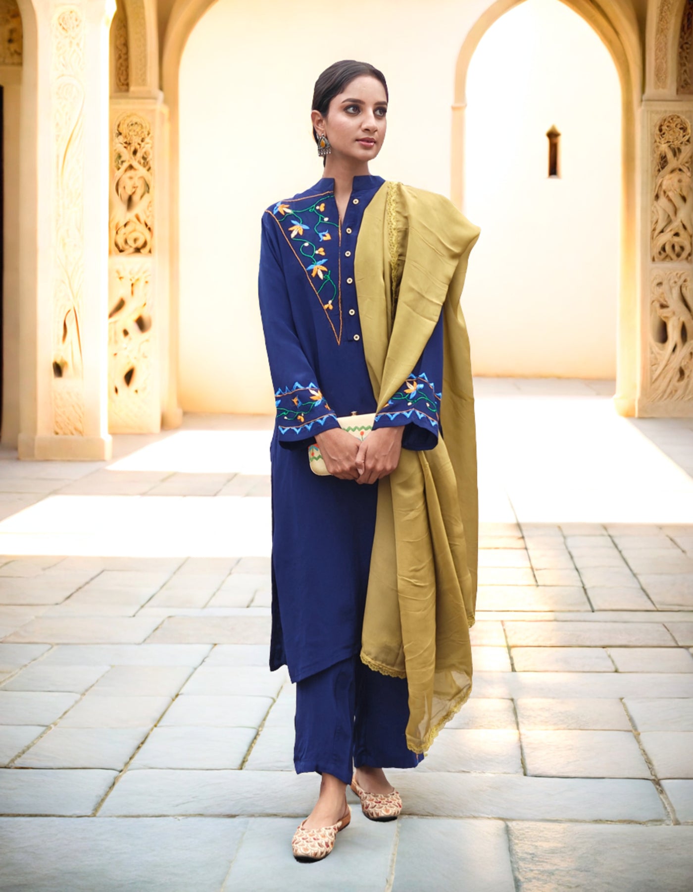 Pure Cotton Crepe Hand Embroidered Phulkari Suit with dupatta - Heritage Navy Blue