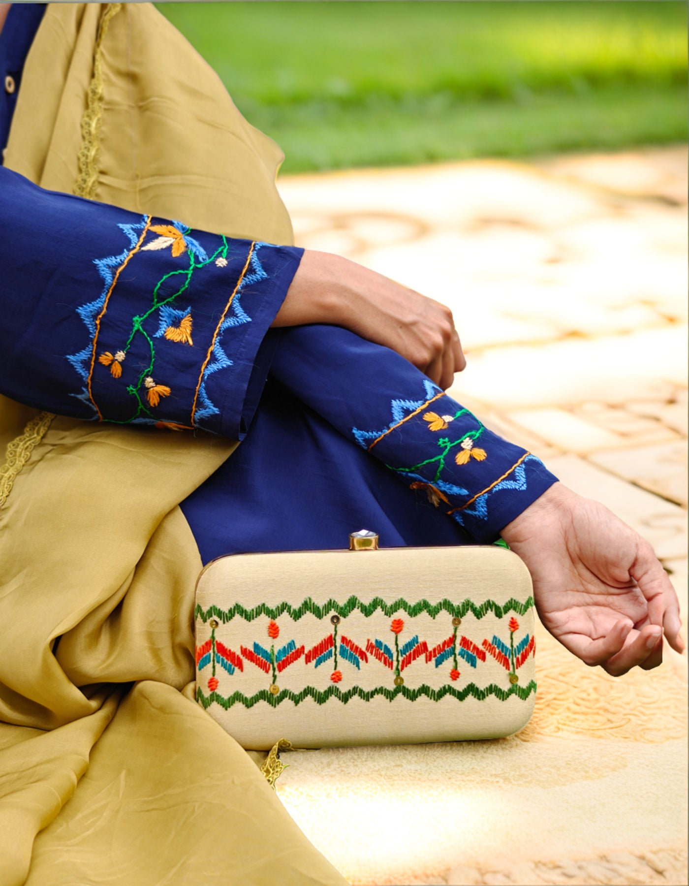 Pure Cotton Crepe Hand Embroidered Phulkari Suit with dupatta - Heritage Navy Blue