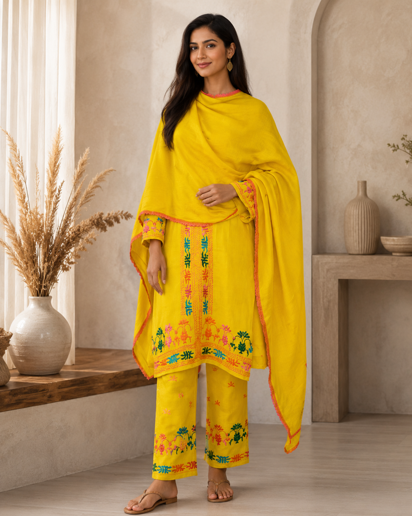 Pure Cotton silk Hand Work Phulkari Kurti Pant - Sunshine Yellow