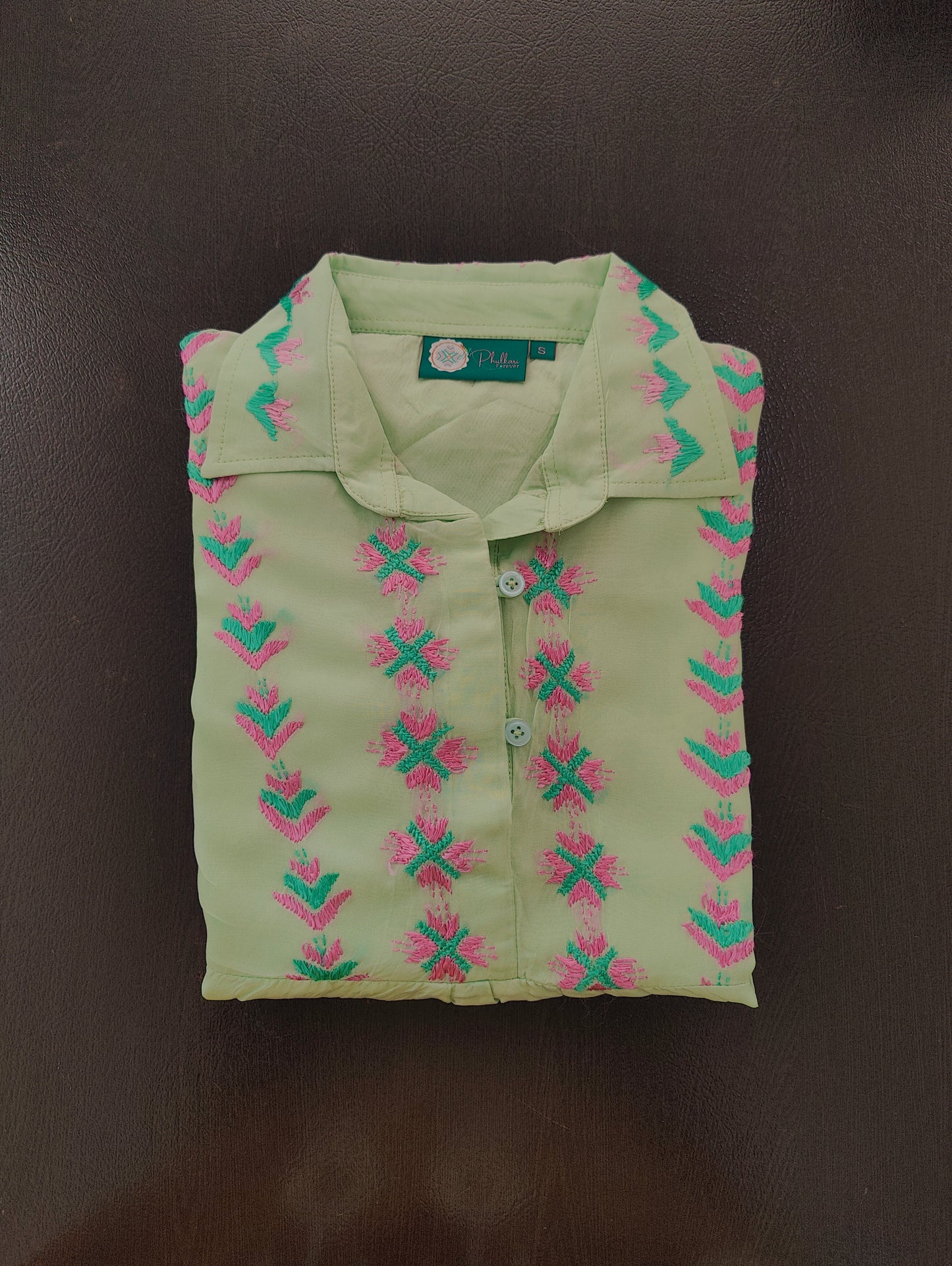 Pure Organza Hand Embroidered Phulkari Shirt style top - Aqua Green