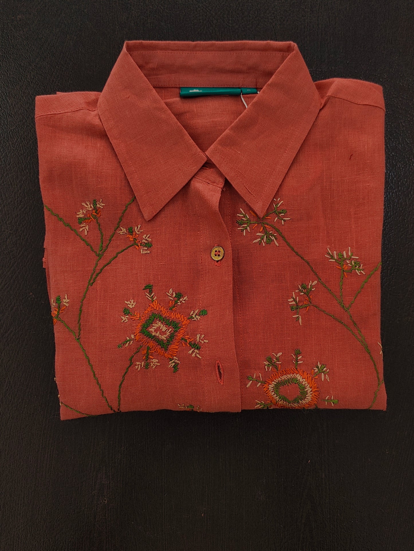 Pure Linen Hand Embroidered Phulkari Shirt - Cinnamon Orange