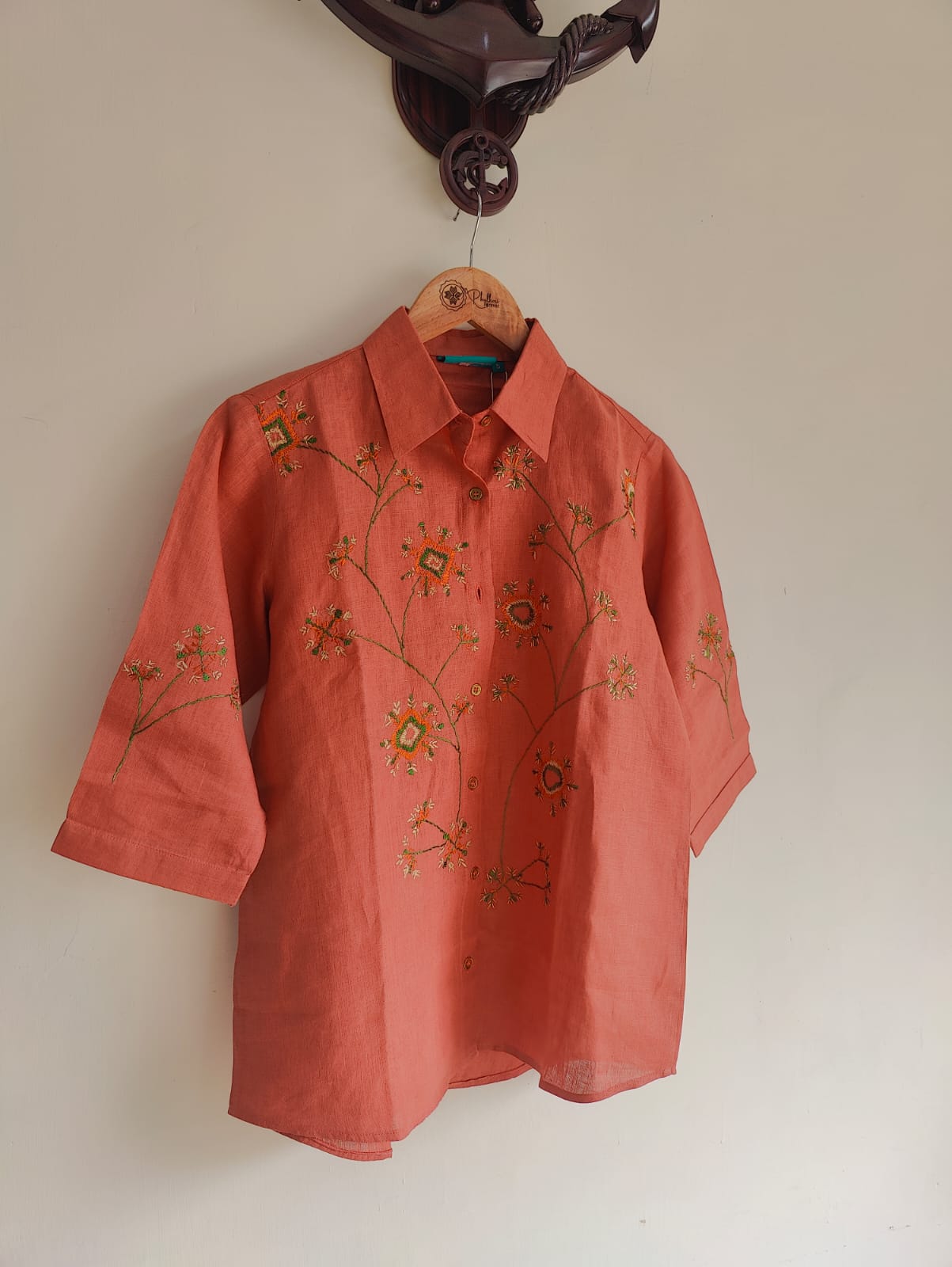 Pure Linen Hand Embroidered Phulkari Shirt - Cinnamon Orange