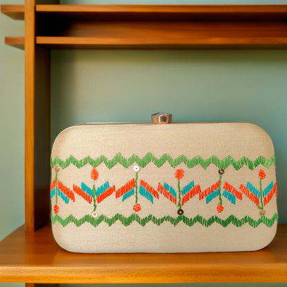 Hand Work Phulkari Clutch - Pure Gold - Rectangle