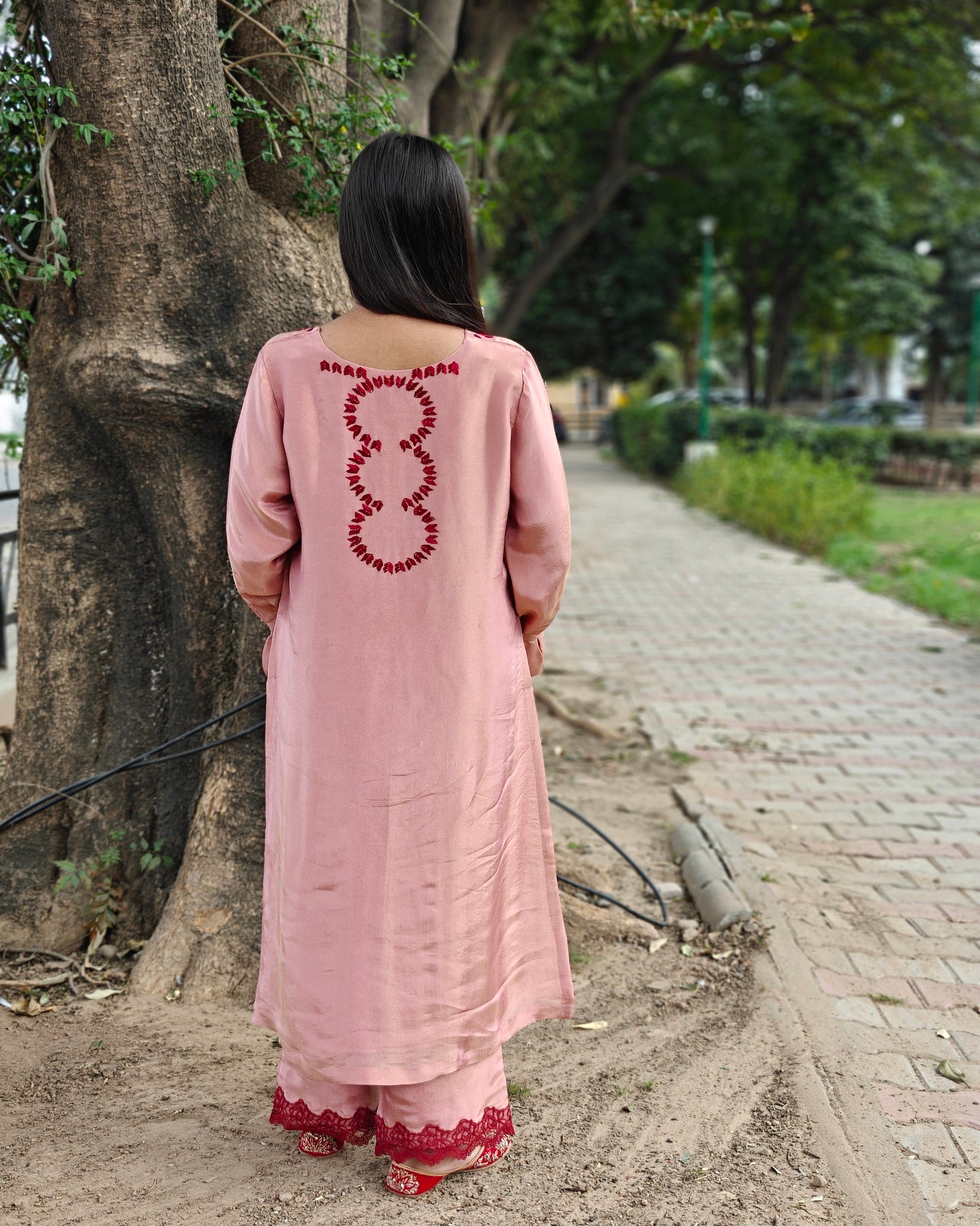 Pure soft tissue Hand Work Phulkari Kurti Pant - Blush Pink