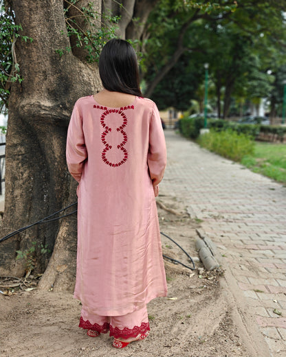 Pure soft tissue Hand Work Phulkari Kurti Pant - Blush Pink